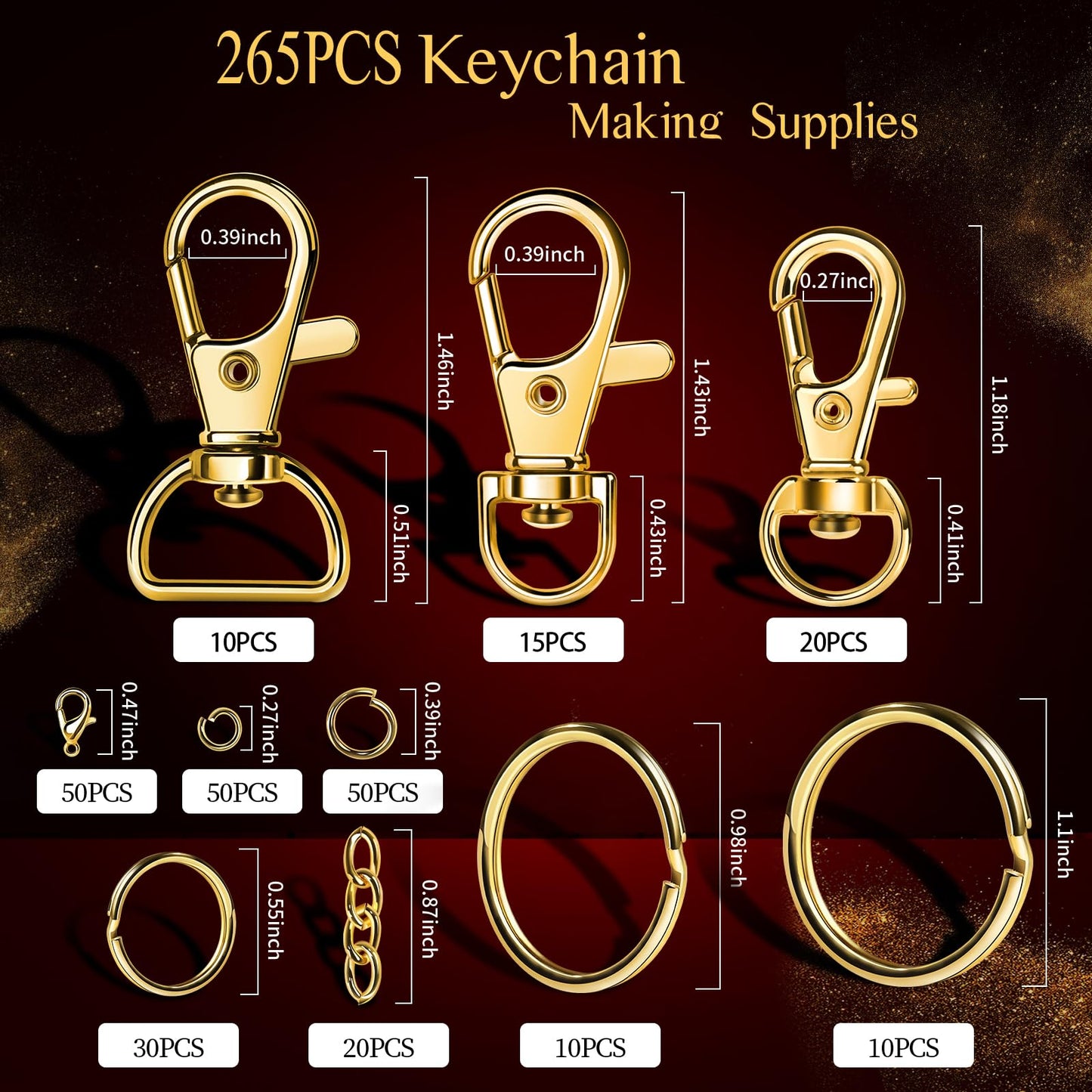 LEOBRO Keychain Making Kit, 265PCS Keychains Clips and Key Rings, Metal Lobster Claw Clasps and Key Chain Rings, Key Rings Bulk, Keychain Rings, Clip for Key Chains, Jewelry Making, Crafts, Gold