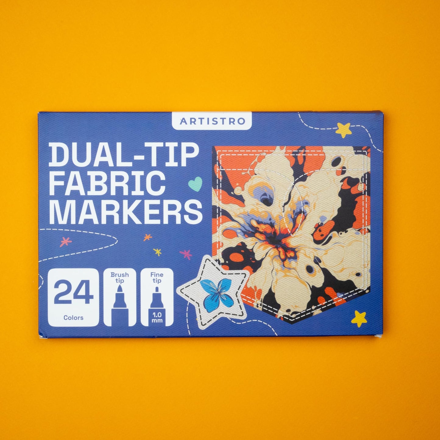 ARTISTRO 24 Fabric Markers - Dual-Tip Fabric Markers Permanent for Clothes - No Bleed Fabric Pens for T-Shirts, Bags, Textile, Canvas, and more (Brush Tip and Fine Tip)