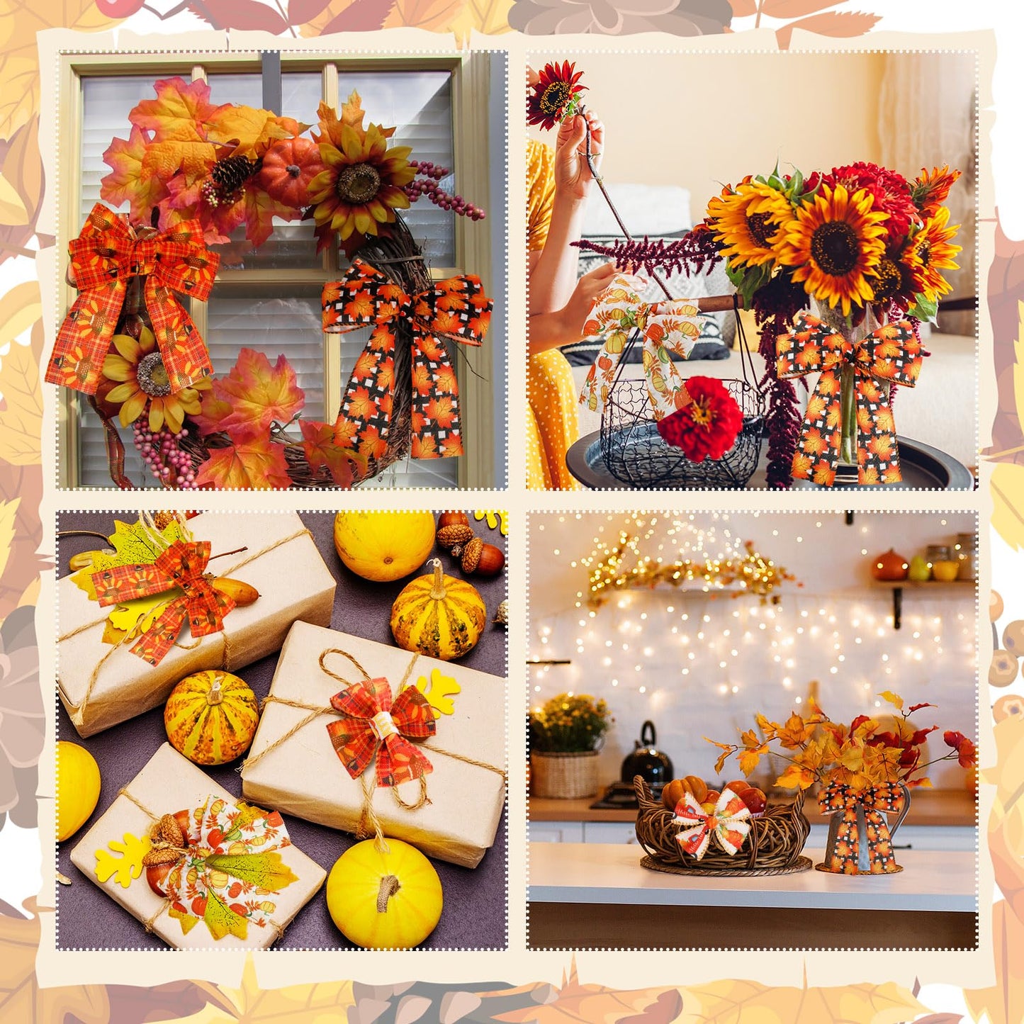 Yuxung 6 Rolls 30 Yards Fall Burlap Wired Wrapping Ribbon Buffalo Plaid Pumpkin Truck Turkey Maple Harvest Fall Ribbon Thanksgiving Wreath Decoration for Autumn Craft Bow Gifts Making