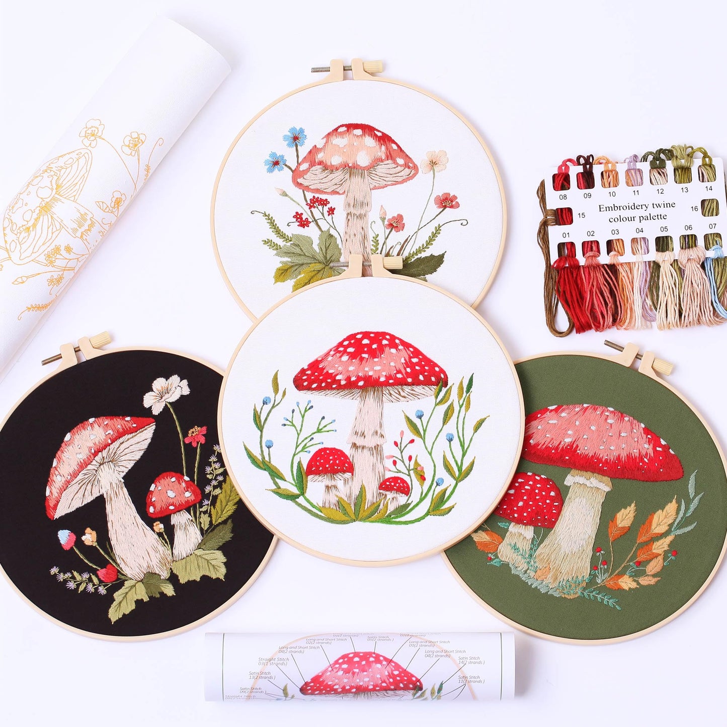 REEWISLY 4 pcs of Embroidery Starter kit with Patterns and Instructions, DIY Adult Beginner Embroidery Kits, Including 2 Plastic Embroidery Rings, 1 Pair of Scissors, Colored Threads and Needles