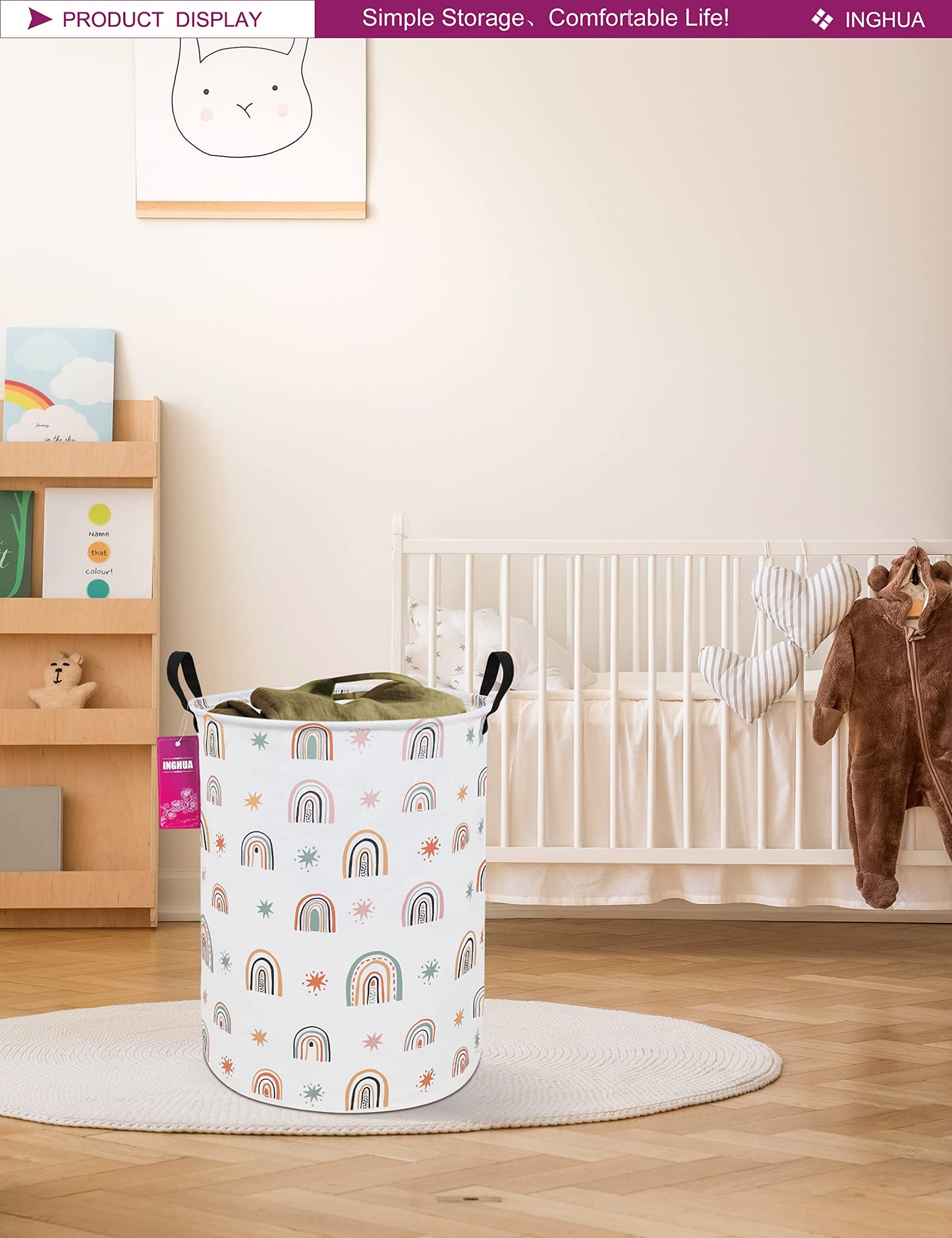 Laundry Hamper Large Canvas Fabric Lightweight Storage Basket/Toy Organizer/Dirty Clothes Collapsible Waterproof for College Dorms, Boys and Girls Bedroom,Bathroom(Star Rainbow)