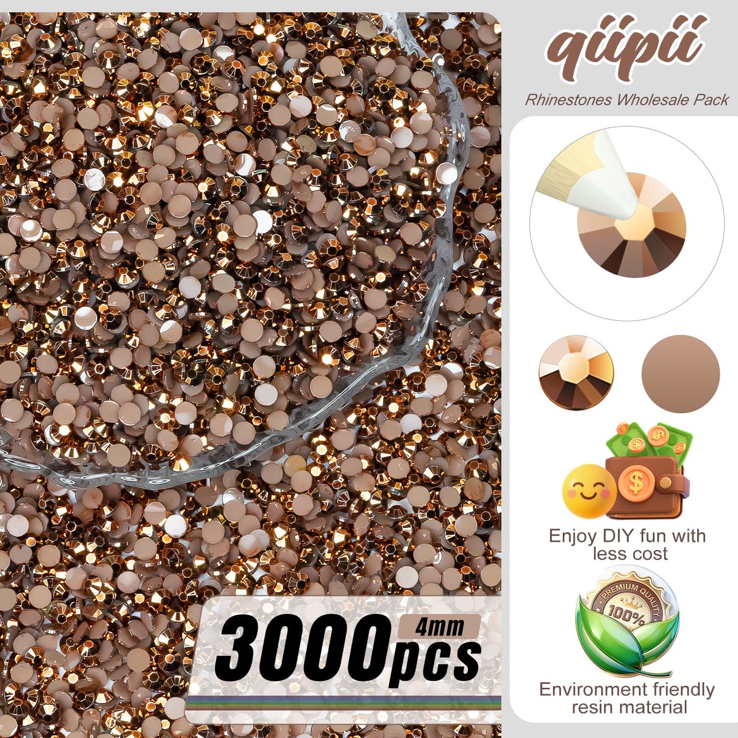qiipii 3000PCS 4mm Copper Resin Rhinestones for Crafts Brown Flatback Jelly Resin Rhinestones Bulk SS16 Non-Hotfix Coffee Stones Diamonds Gems for Face Eyes Makeup Tumblers DIY Crafts Shoes Clothes