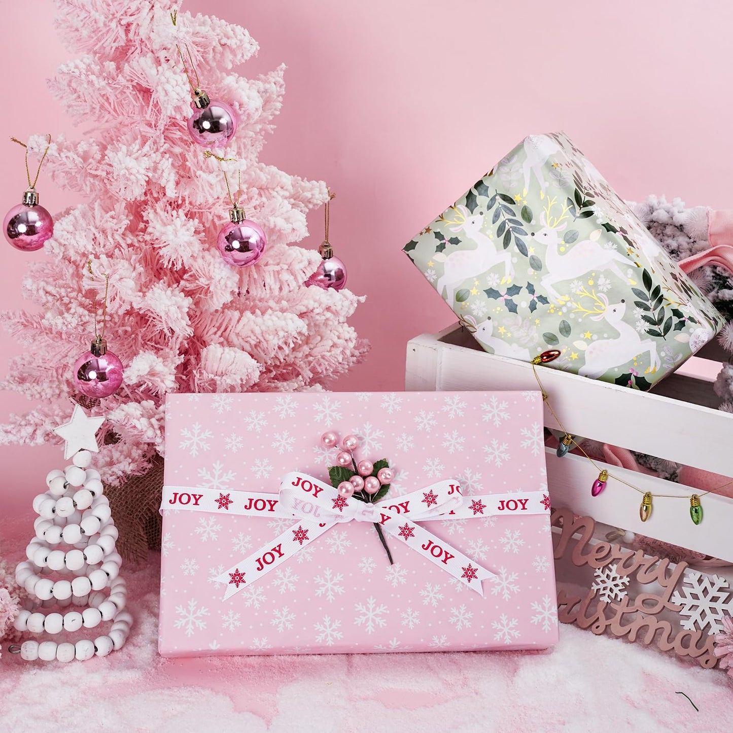 Reversible Wrapping Paper Roll - Mini Roll - Christmas White Reindeer and Snowflake Pattern Great for Christmas, Party, Holiday - 17.5 Inches X 32.8 Feet
