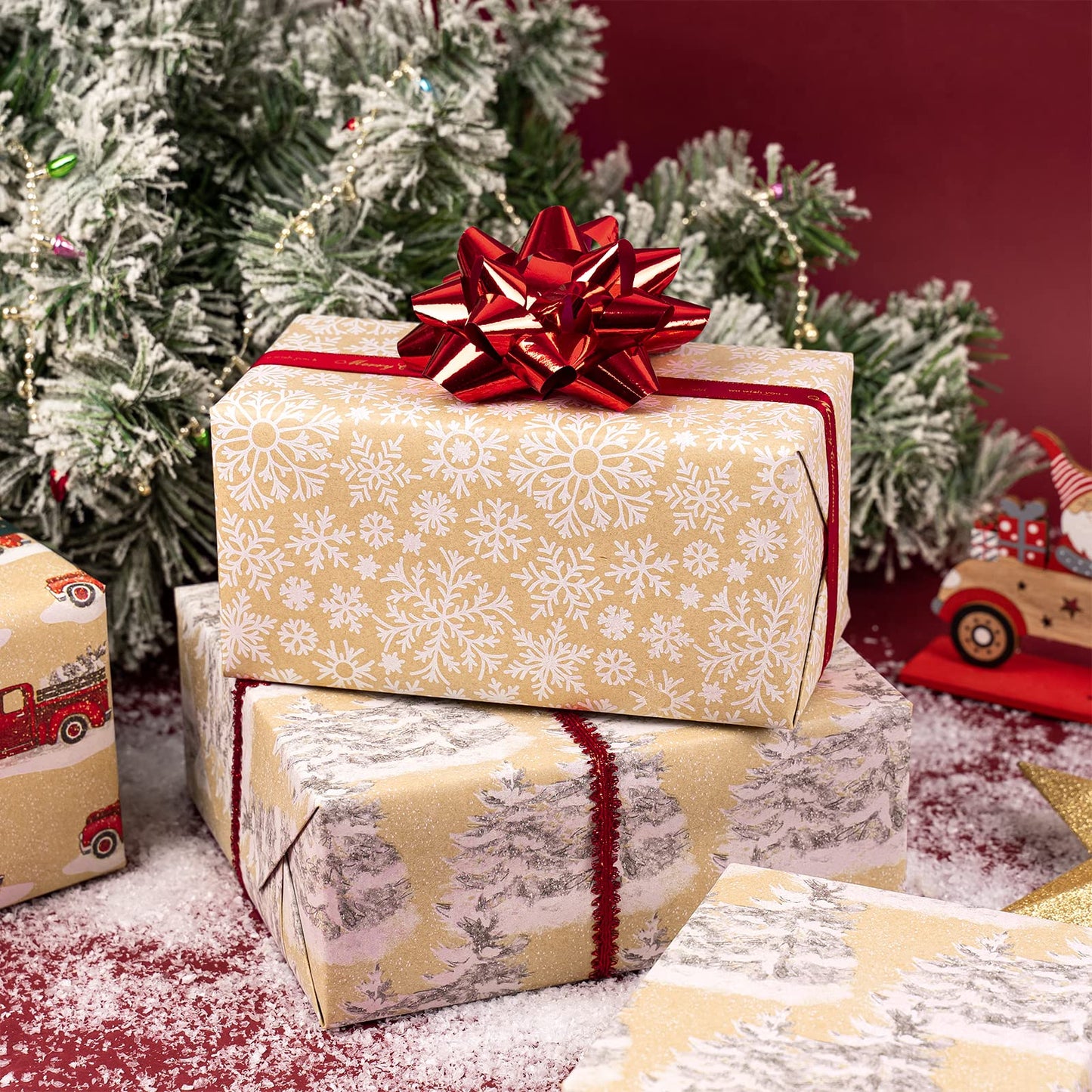 Christmas Wrapping Paper, Kraft Paper - Snowflake, Snowman, Red Truck and Christmas Tree - 4 Rolls - 30 inches x 10 feet per Roll