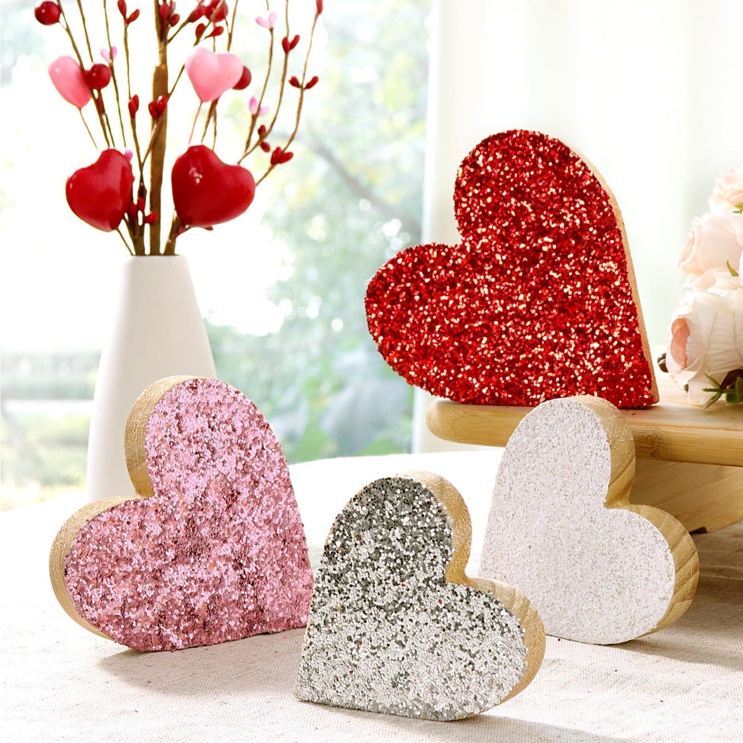 Valentines Day Decor Decorations: 4pcs Glitter Wood Heart Table Signs Tiered Tray Decor, Sparkle Galentines Decoration for Home Office Mantel Centerpieces Gifts