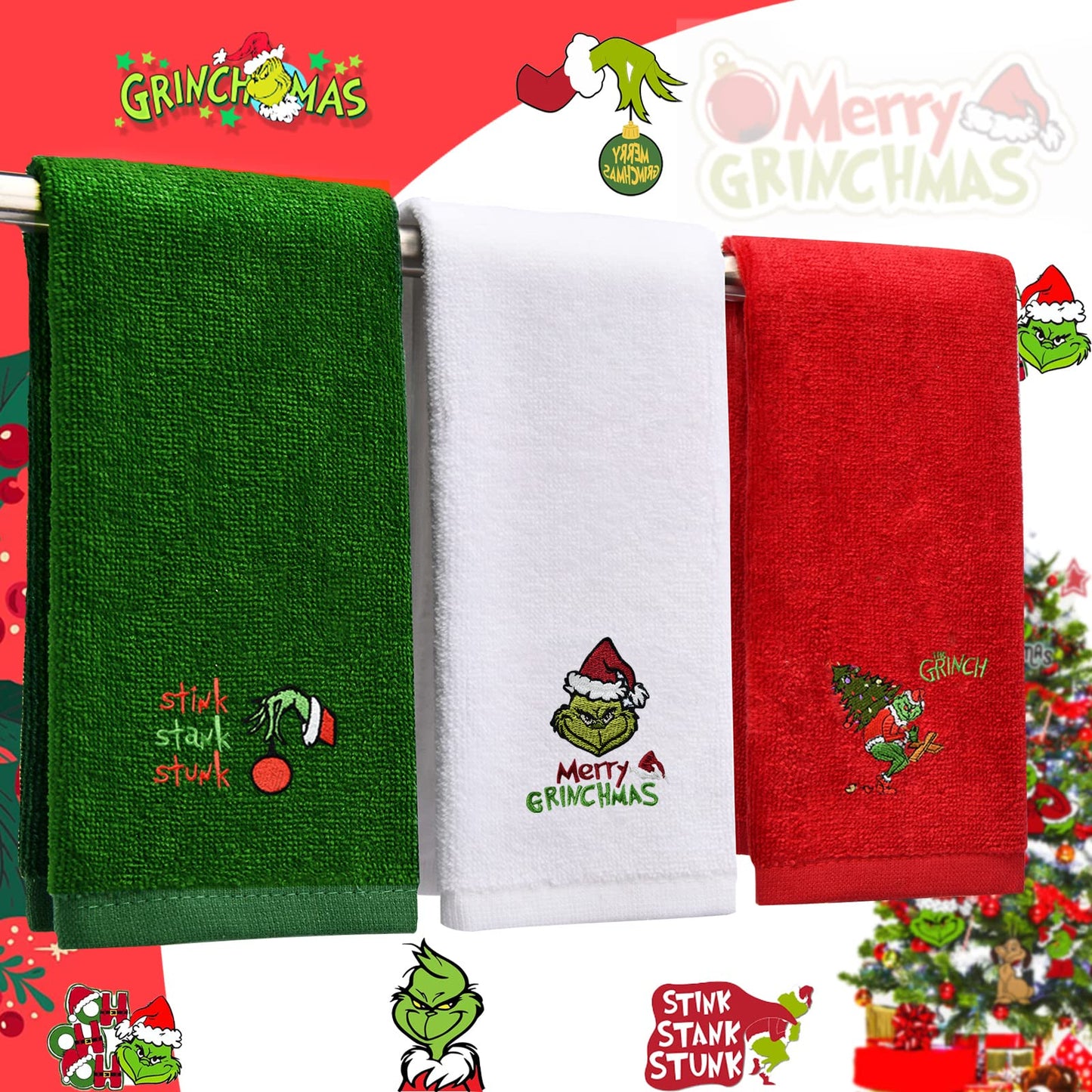 Malldii Large Size Christmas Hand Towels 16" x 27", 100% Pure Cotton Bathroom Decorative Towels Washcloths Kitchen Merry Christmas Towels Perfect Christmas Decor, Pack of 3