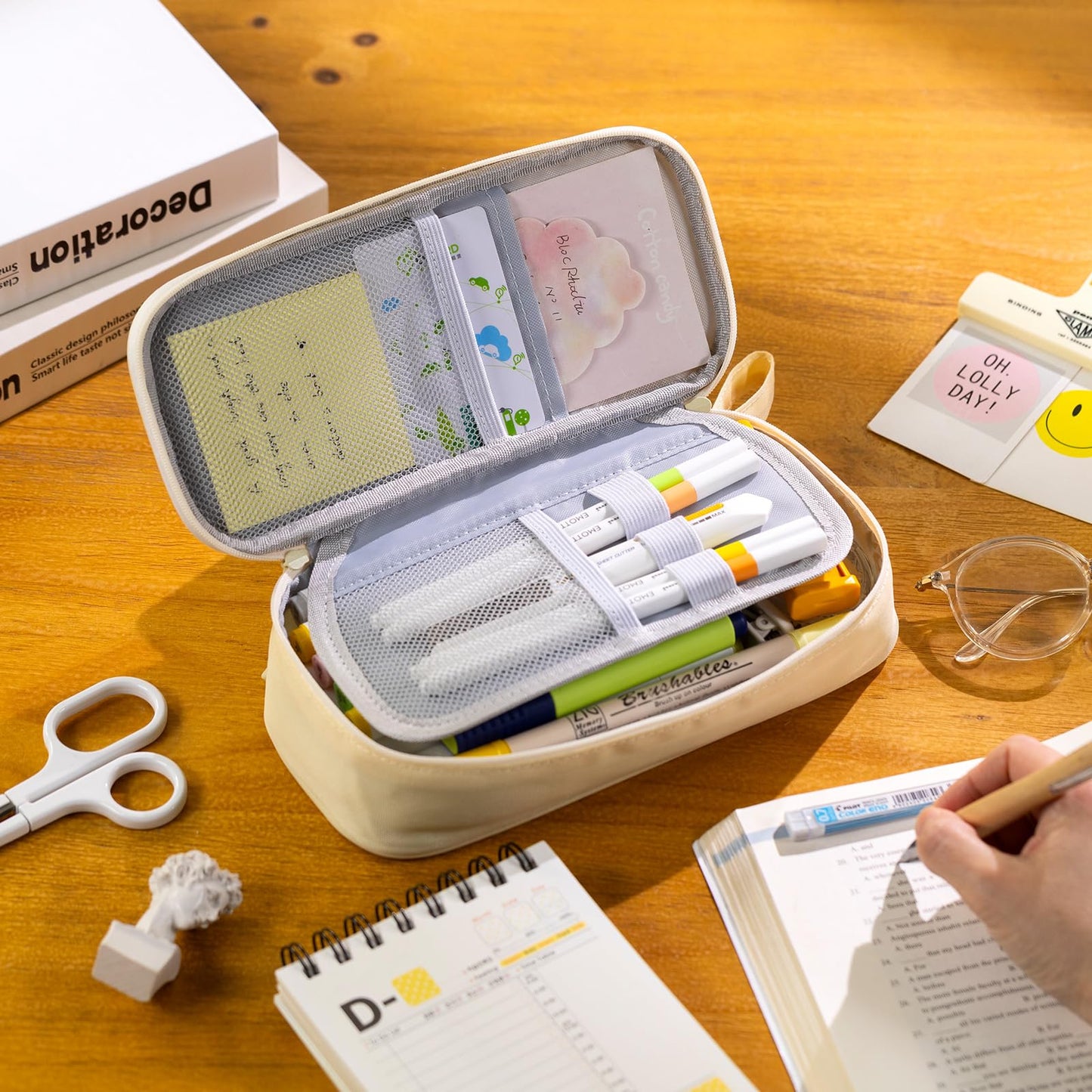 Durable Pen Pencil Case Big Storage Pen Pouch Bag for School Supplies College Teen Girls Adults, Beige