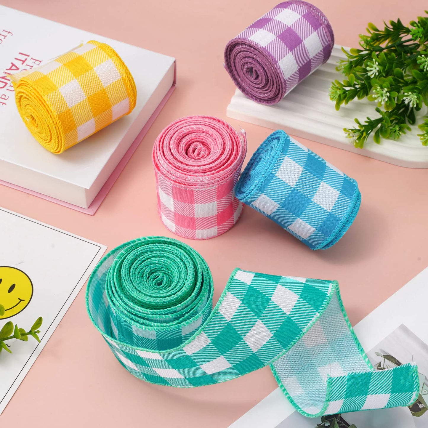 Colored Wired Edge Ribbon 30 Yards Spring Pastel Gingham Patterned Ribbon Colorful Buffalo Plaids Craft Fabric Ribbon for Gift Wreath Bow Making DIY Crafts Wrapping Supplies, 5 Rolls