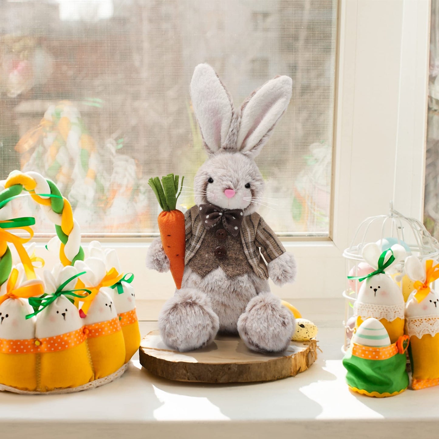 2 Pack Easter Bunny, 12.6" Handmade Huggable Rabbits Couple, Easter Basket Rabbits, Cute Bunny Party Favor Figurine, Spring Tabletop Holiday Room Decorations