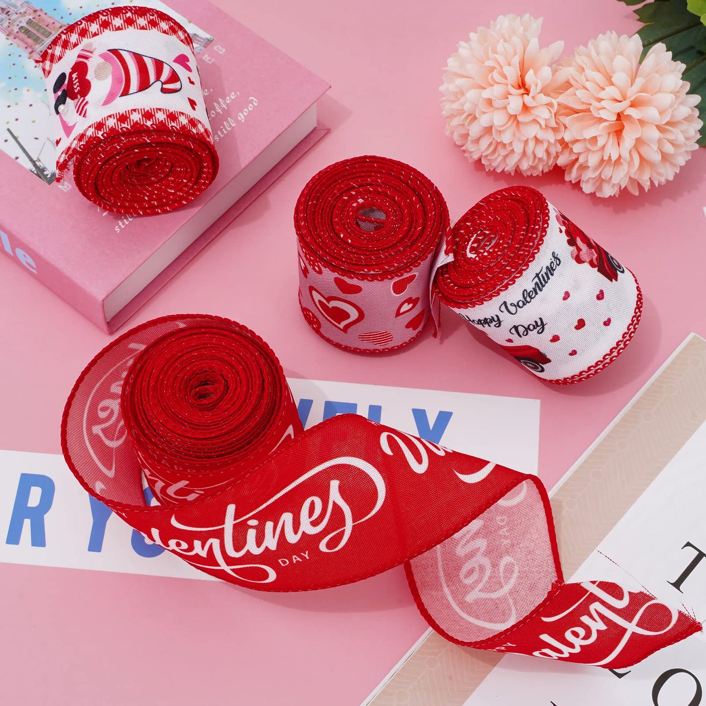 Valentine's Day Wired Edge Ribbon 2.5 Inch Red Pink Heart Love Gnome Truck Fabric Ribbon Sweet Wedding Anniversary Craft Ribbon for Wrapping DIY Bow Wreath Crafts Making, 24 Yards
