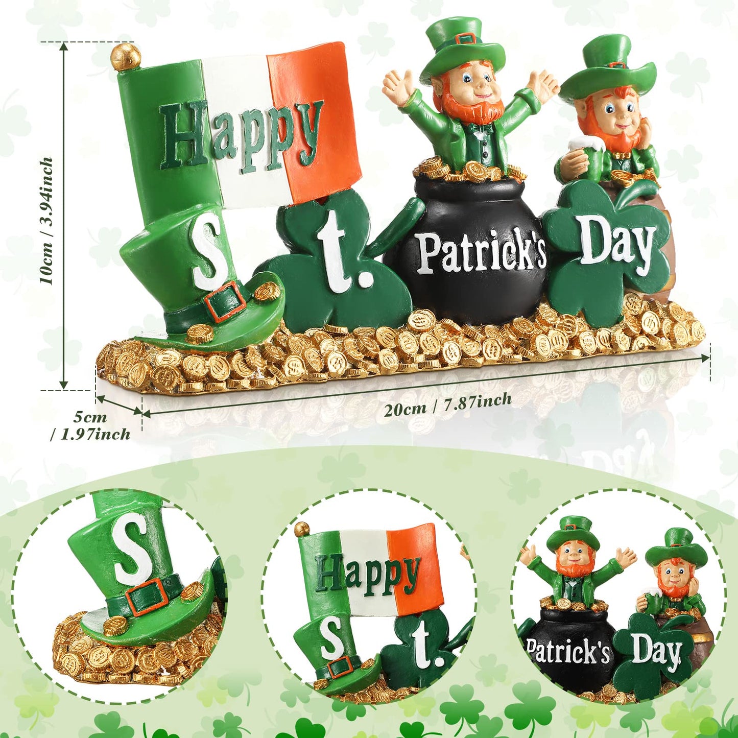 Happy Saint Patrick's Day Leprechaun Figurines Table Decorations Resin Saint Patrick's Day Green Shamrock Decorations Spring Figurines Home Decor for Household Office