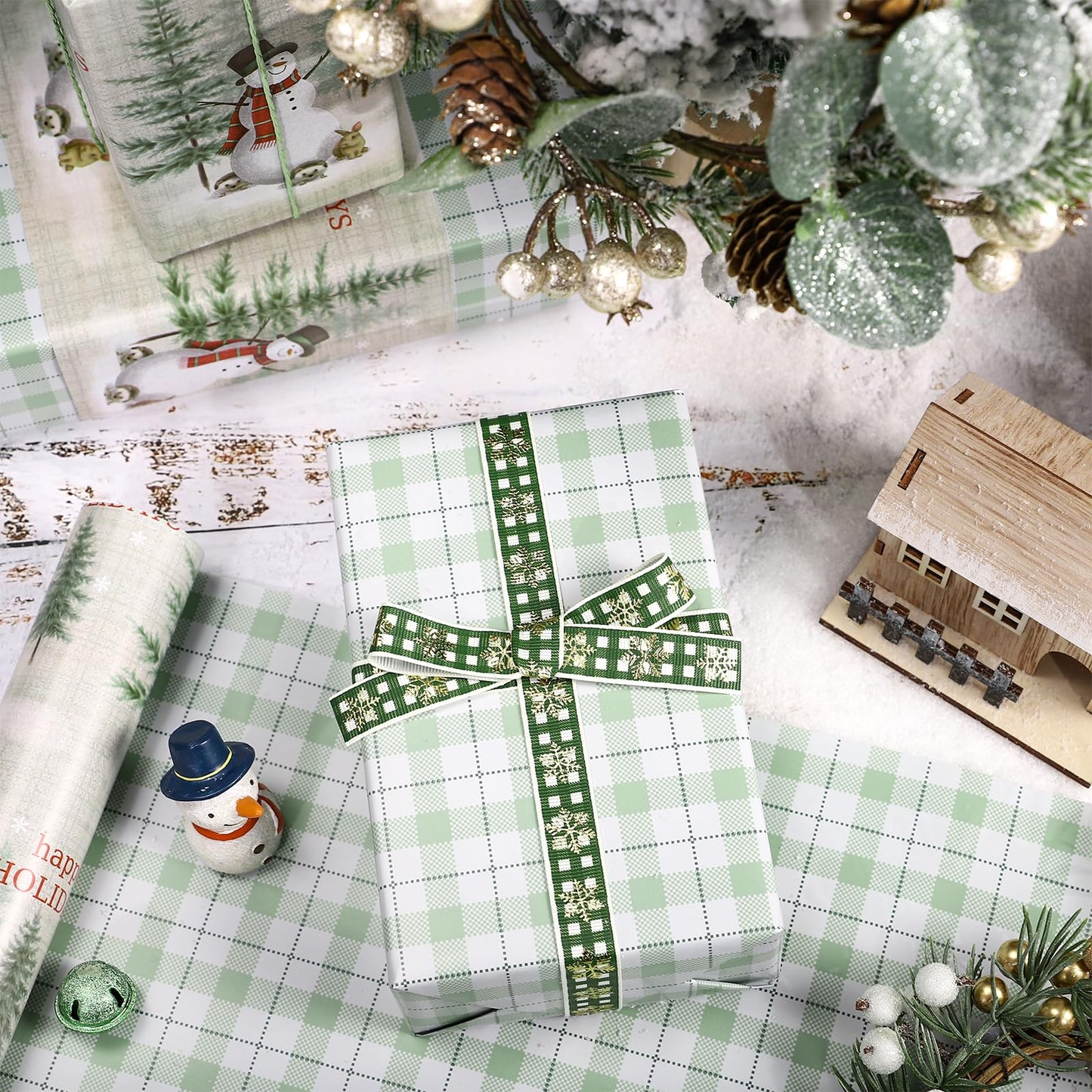 Reversible Wrapping Paper Roll - Mini Roll - Christmas Snowman and Plaid Pattern Great for Christmas, Party, Holiday - 17.5 Inches X 32.8 Feet