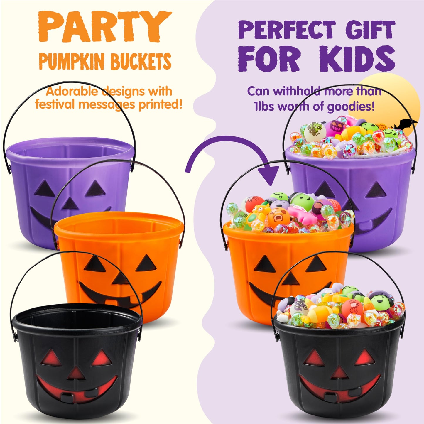 JOYIN 6PCS Halloween Trick or Treat Pumpkin Bucket, Orange Plastic Candy Bucket for Trick or Treating, Black Purple Jack O Lantern Basket and Pails with Handle for Kids Halloween Party Favor Supplies