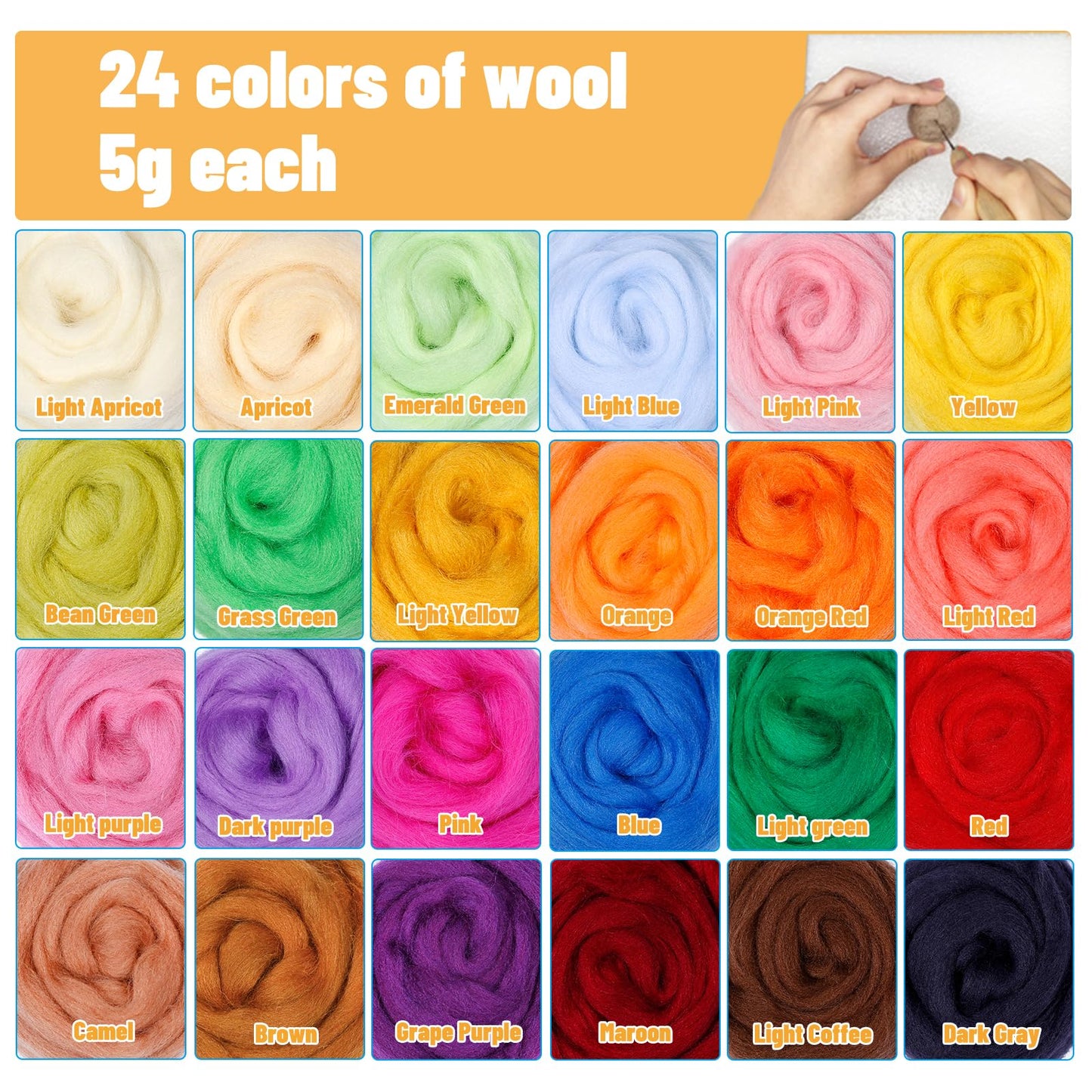 Needle Felting Kit, 24 Colors Wool Roving (5g/Color), Complete Needle Felting Starter Kit with Needle Felting Supplies Wool Fibre Spinning Craft Felting Kits for Beginners