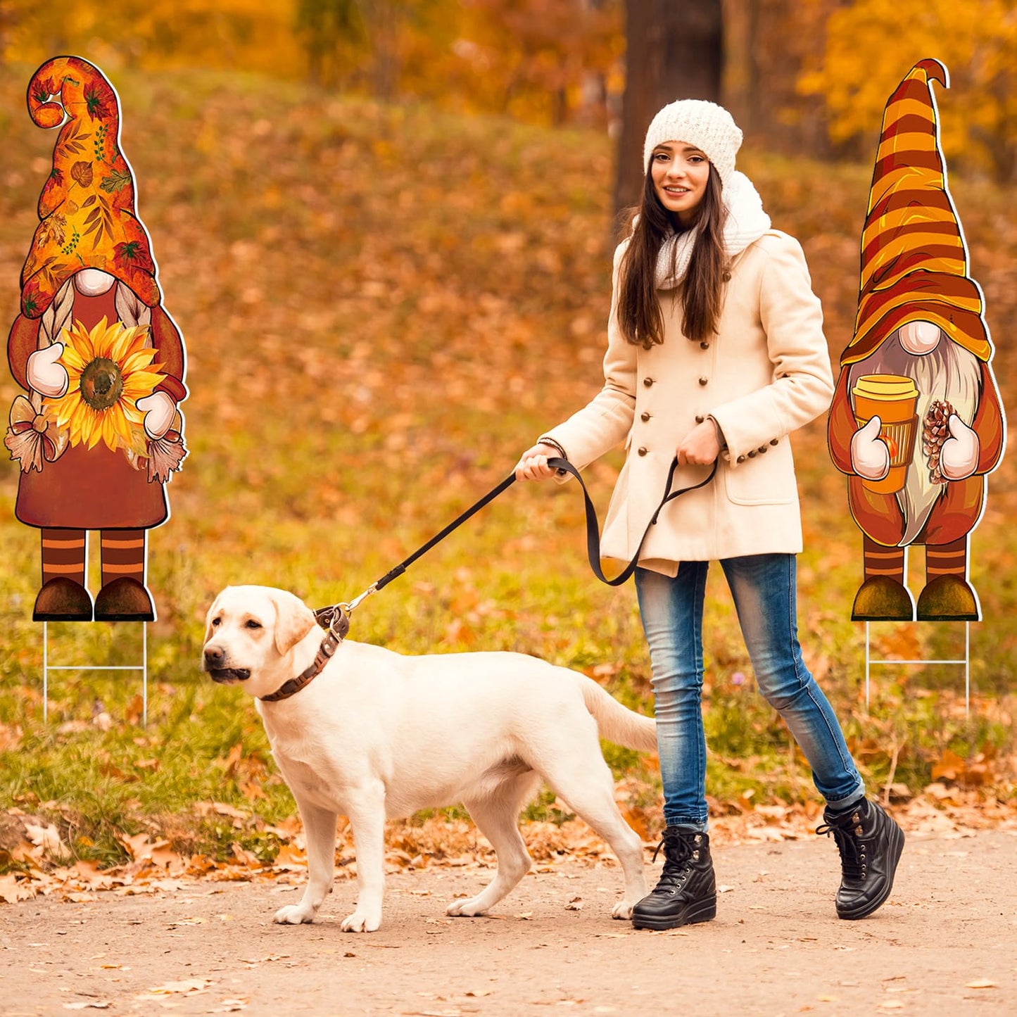 3 Pcs Thanksgiving Yard Decor Cute Fall Gnome Yard Sign with Stakes 32 x 10 Inch Autumn Gnome Outdoor Lawn Decor, Outside Thanksgiving Garden Decoration for Home Pathway Walkway