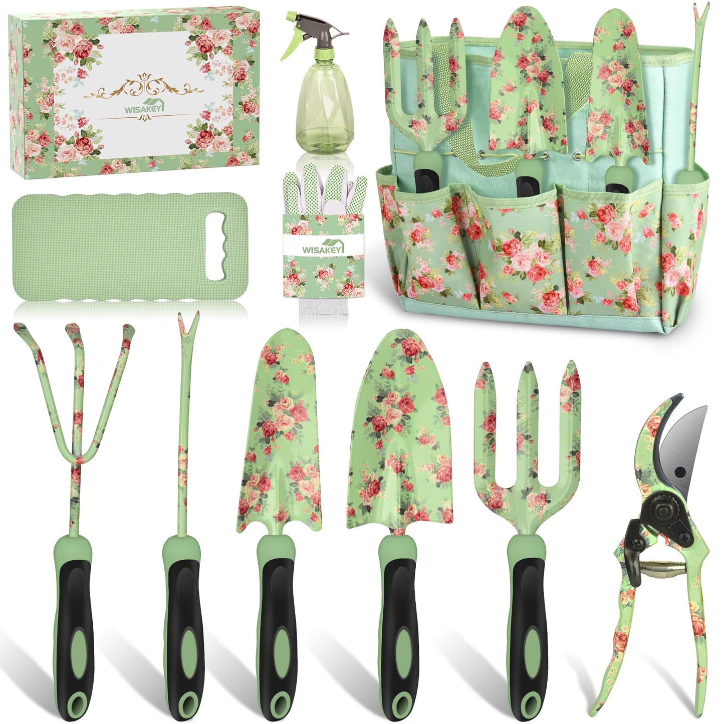 Gardening Tools, WisaKey 10 Piece Heavy Duty Garden Tools Set with Handle, Durable Fashion Garden Organizer Handbag, Ideal Gardening White Elephant Gifts Gift for Woman