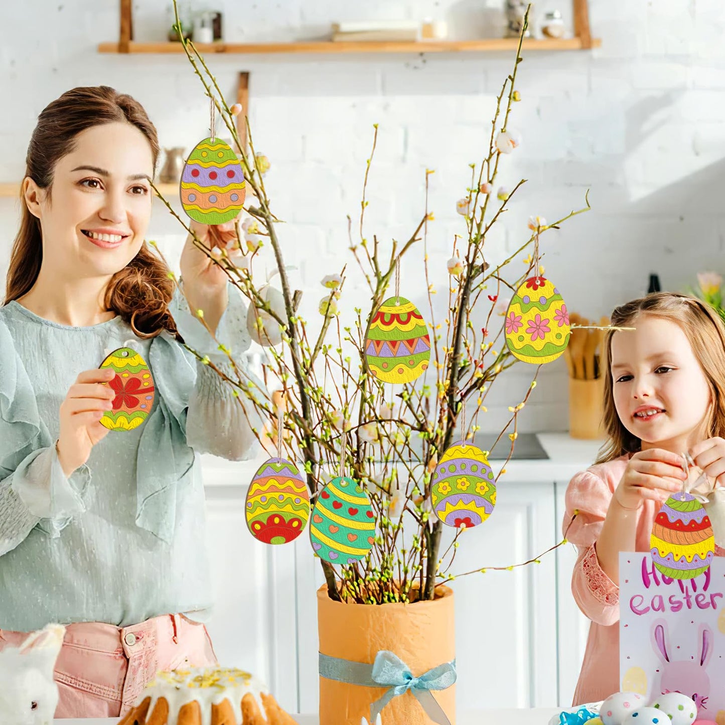 24PCS Wooden Egg Ornaments to Paint Easter Decoration Cutouts Unfinished 8 Different Patterns, DIY Blank Unfinished Wood Discs Ornament for Home Crafts Hanging Spring Decoration 3.5 inches