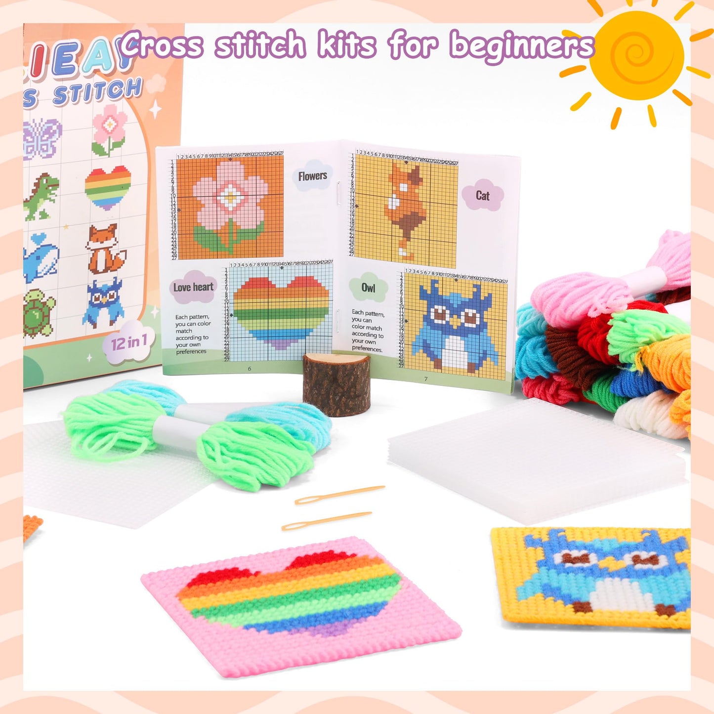 Pllieay Cross Stitch Kits for Beginners 12in1 Cross Stitch Kits for Kids Embroidery Kit Includes 12pcs Blank Plastic Mesh Canvas, 16 Yarns, 6 Embroidery Needles, Needlepoints Starter Sewing Set