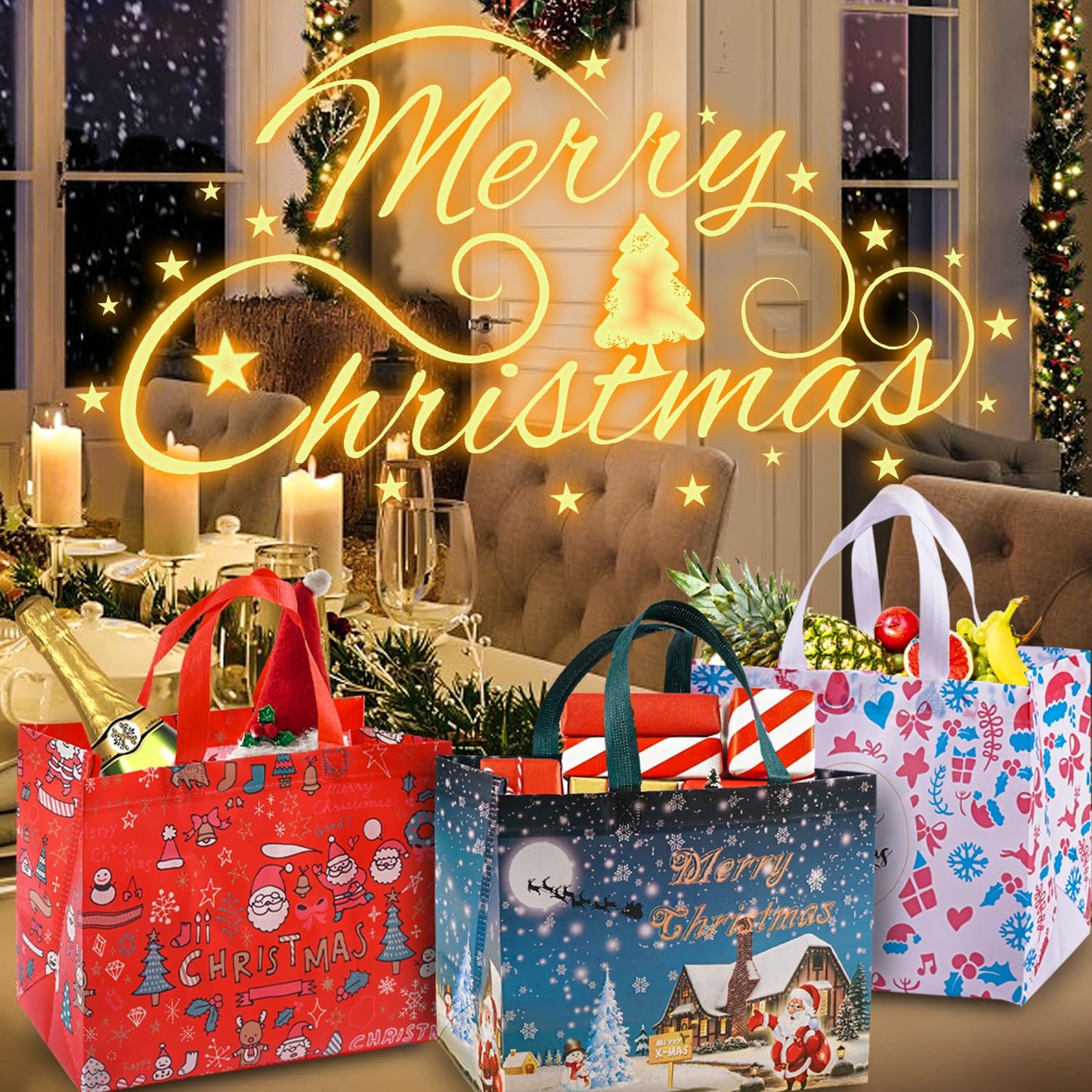 9Pcs Christmas Gift Bags, Christmas Tote Bags with Handles, Reusable Non-Woven Shopping Bags for Xmas Gifts Wrapping Holiday Party Supplies, 12.8"×9.8"×6.7"