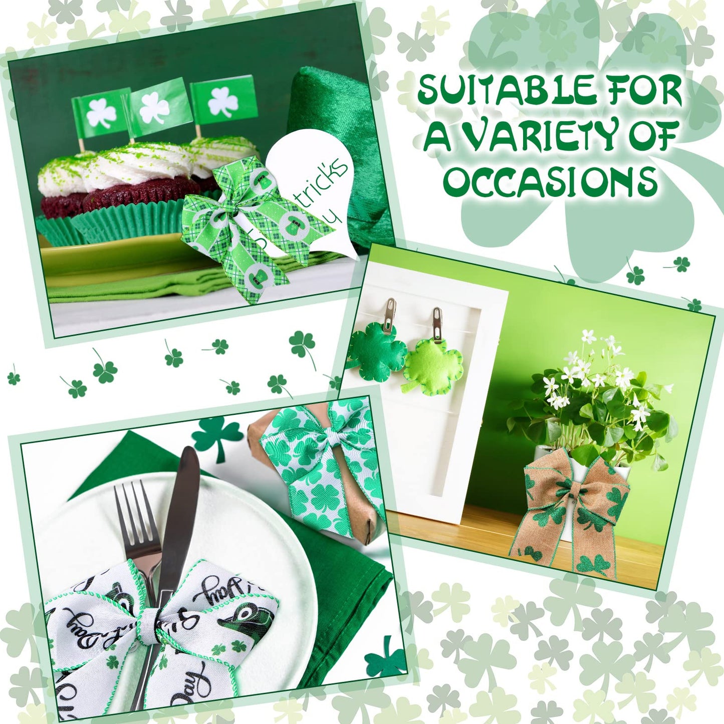 6 Rolls St. Patrick's Day Ribbon 2.5 Inch x 24 Yards Shamrocks Wired Edge Ribbon Green Clover Grosgrain Fabric Ribbons for St Patricks Day Gift Wrapping Wreath DIY Craft Hair Bow and Sewing