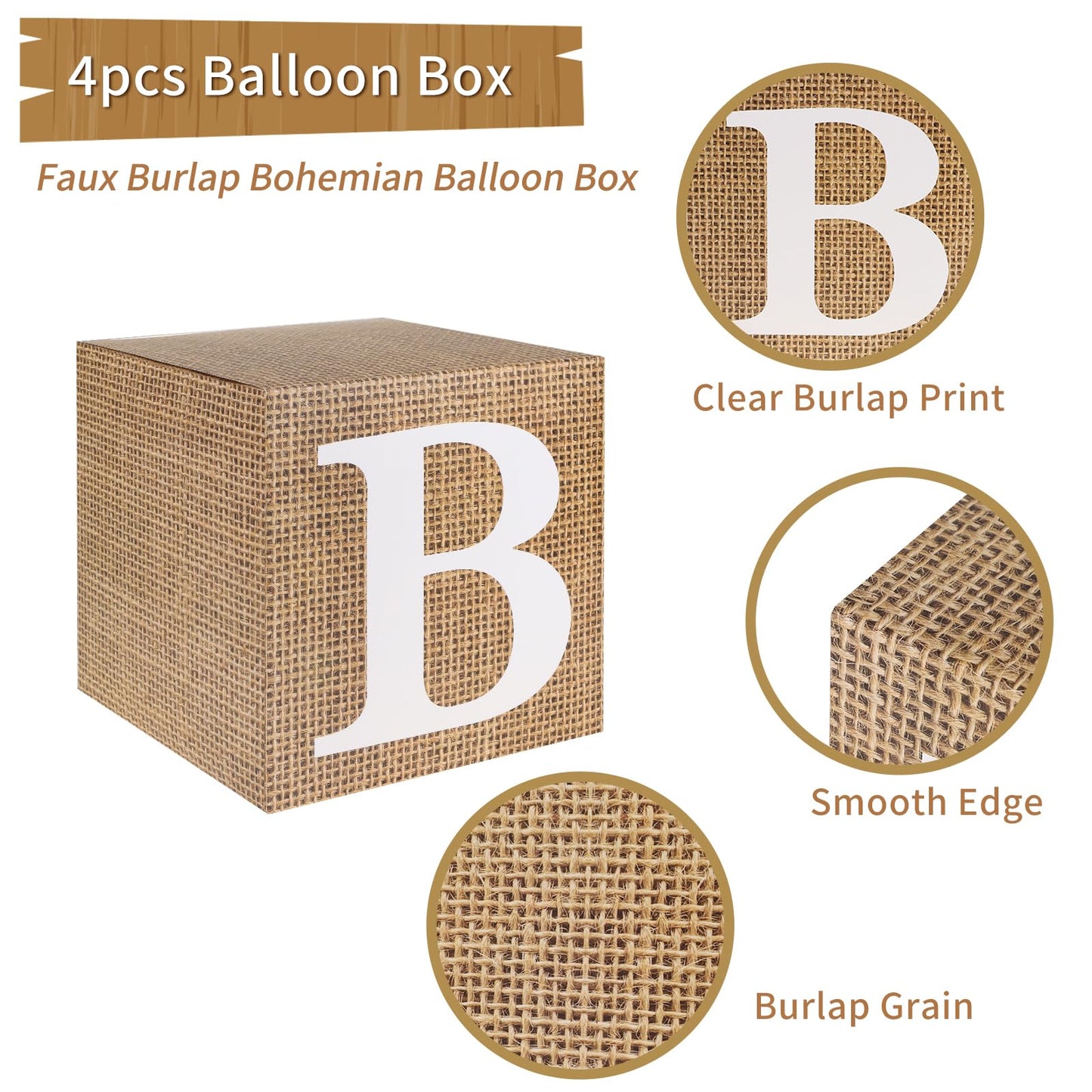 RUBFAC Baby Boxes with Letters for Baby Shower, 4pcs Rustic Farmhouse Style Boho Balloon Boxes with Burlap Grain for Birthday Gender Reveal Decoration Backdrop Photo Props