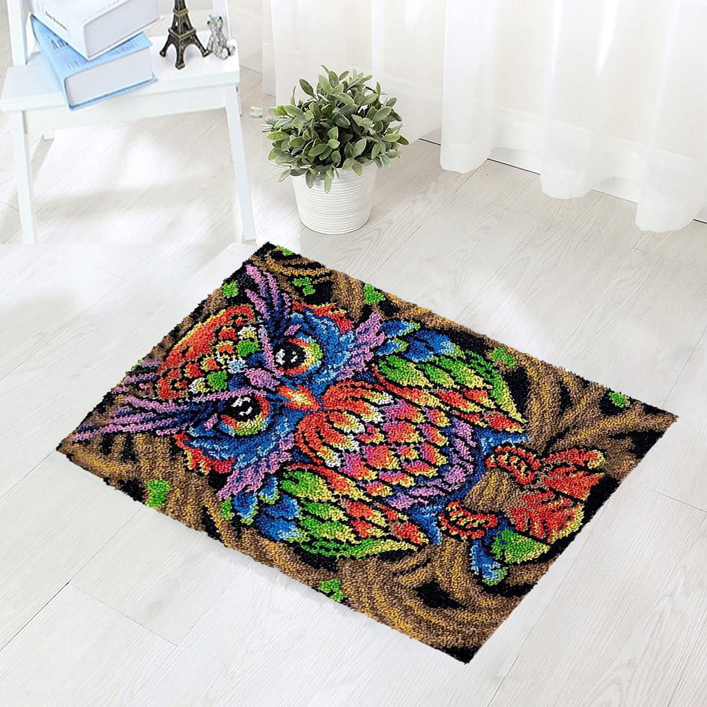 Latch Hook Rug Kits for Adults, Colorful Owl with Preprinted Canvas Pattern DIY Carpet Tapestry Rug Cushion Yarn Needlepoint, 22.5X33.5Inch / 58X85cm