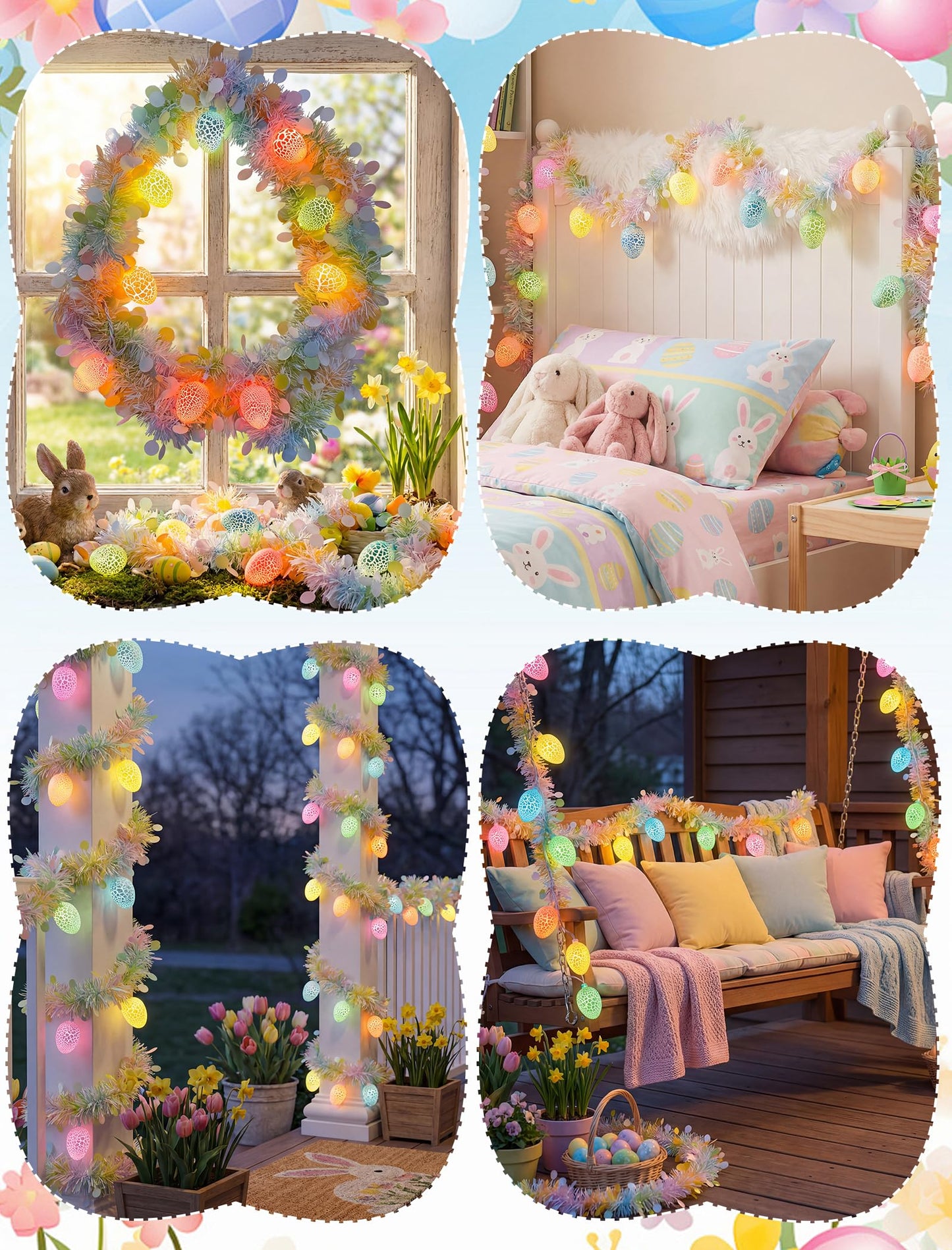 8.5Ft Easter Garland with Lights, Plug in Easter Egg String Lights & Pastel Tinsel Set (White Wire), Connectable Waterproof Indoor Outdoor Decor for Home Mantle Bedroom Party