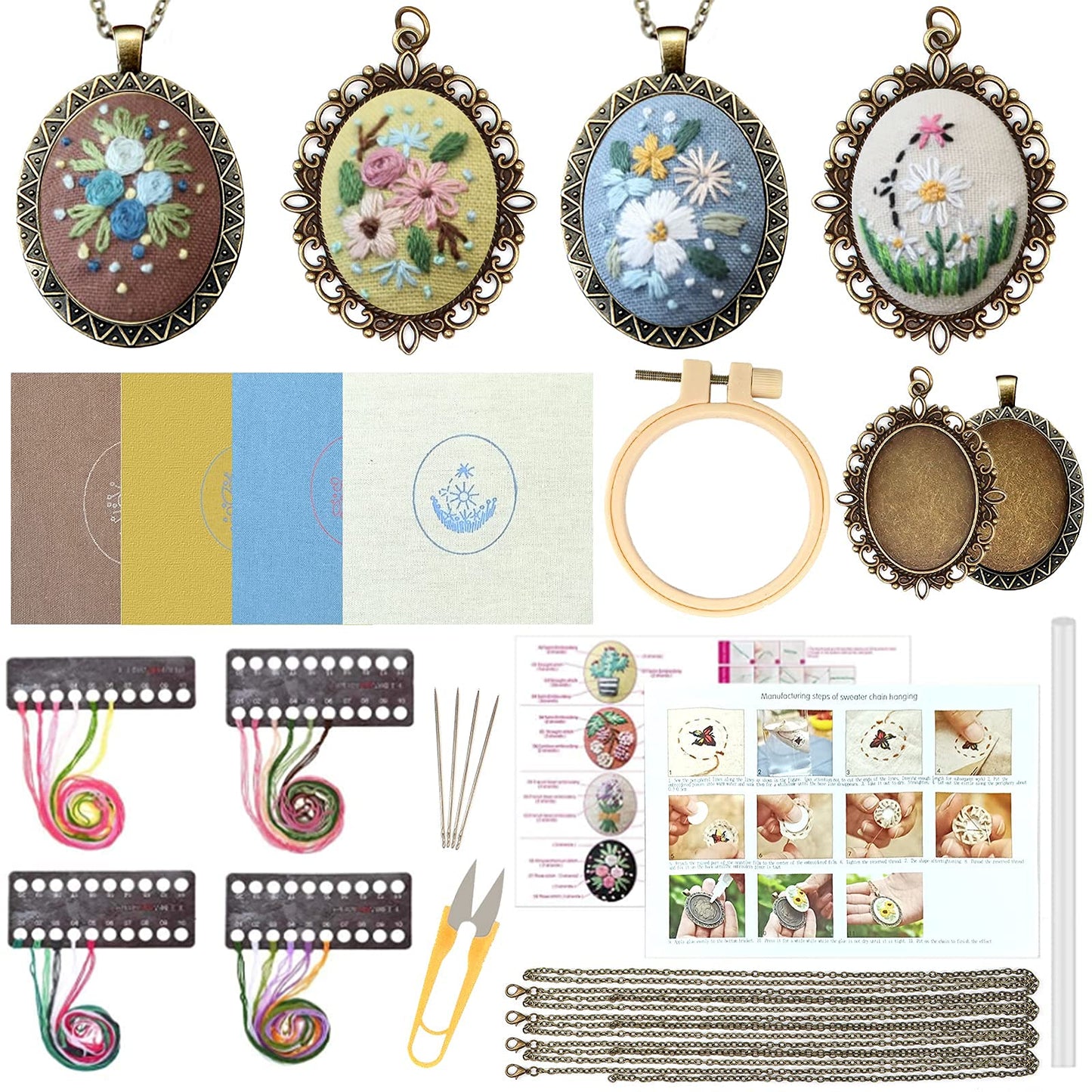 ZOCONE 4 Packs Embroidery Necklace Kits, Embroidery Pendant Kit Mini Cross Stitch Kit with 4 Hoops, Necklace, Pendant, Stamped Pattern Cloth, Instructions, etc., Embroidery Kits for Adults