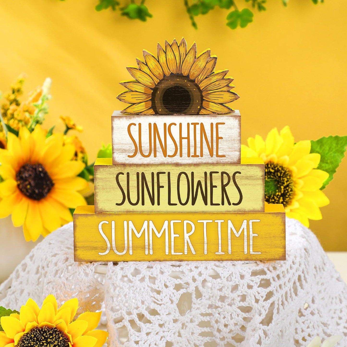 4 Pcs Summer Wooden Tiered Tray Decor Farmhouse Rustic Table Decor Books Stack Block Signs for Table & Home Office Decorations(Sunflower Style)