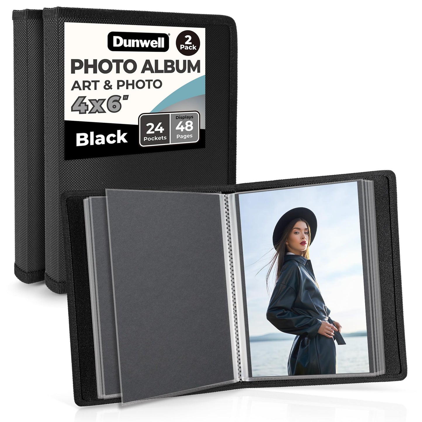 Dunwell 4x6 Photo Album (2-Pack, Black), Mounting Paper, Small 4 x 6 Art Portfolio Presentation Binder, 24 Clear Sleeves Show 48 Pages, Professional Picture Book for Artwork, Postcards