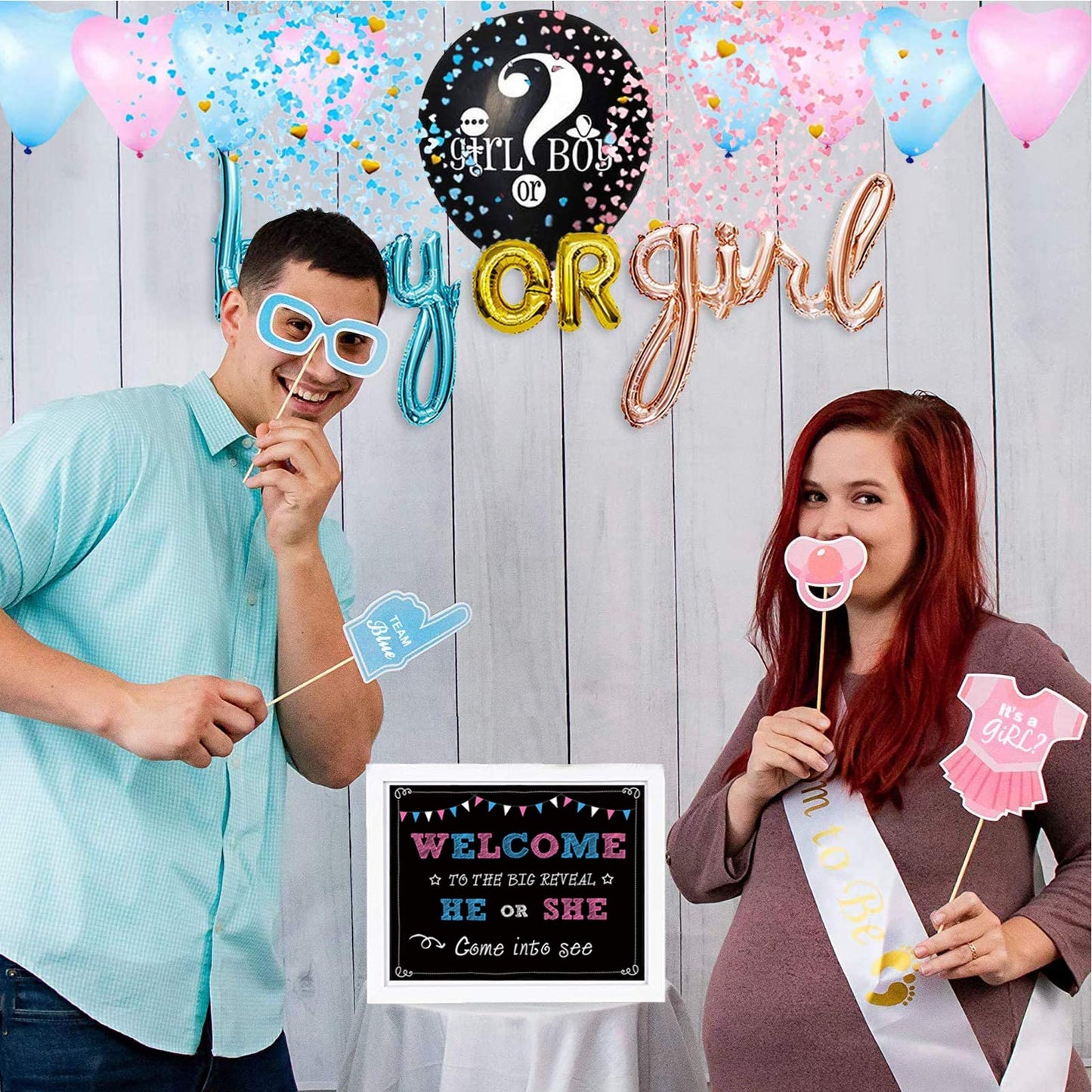 Baby Gender Reveal Party Supplies Kit, Photo Props Games Decorations,Boy or Girl, Includes 3 Game Posters (11x17), 3 Signs (8x10), 1 Erasable Marker, 48 Blue and Pink Voting Stickers