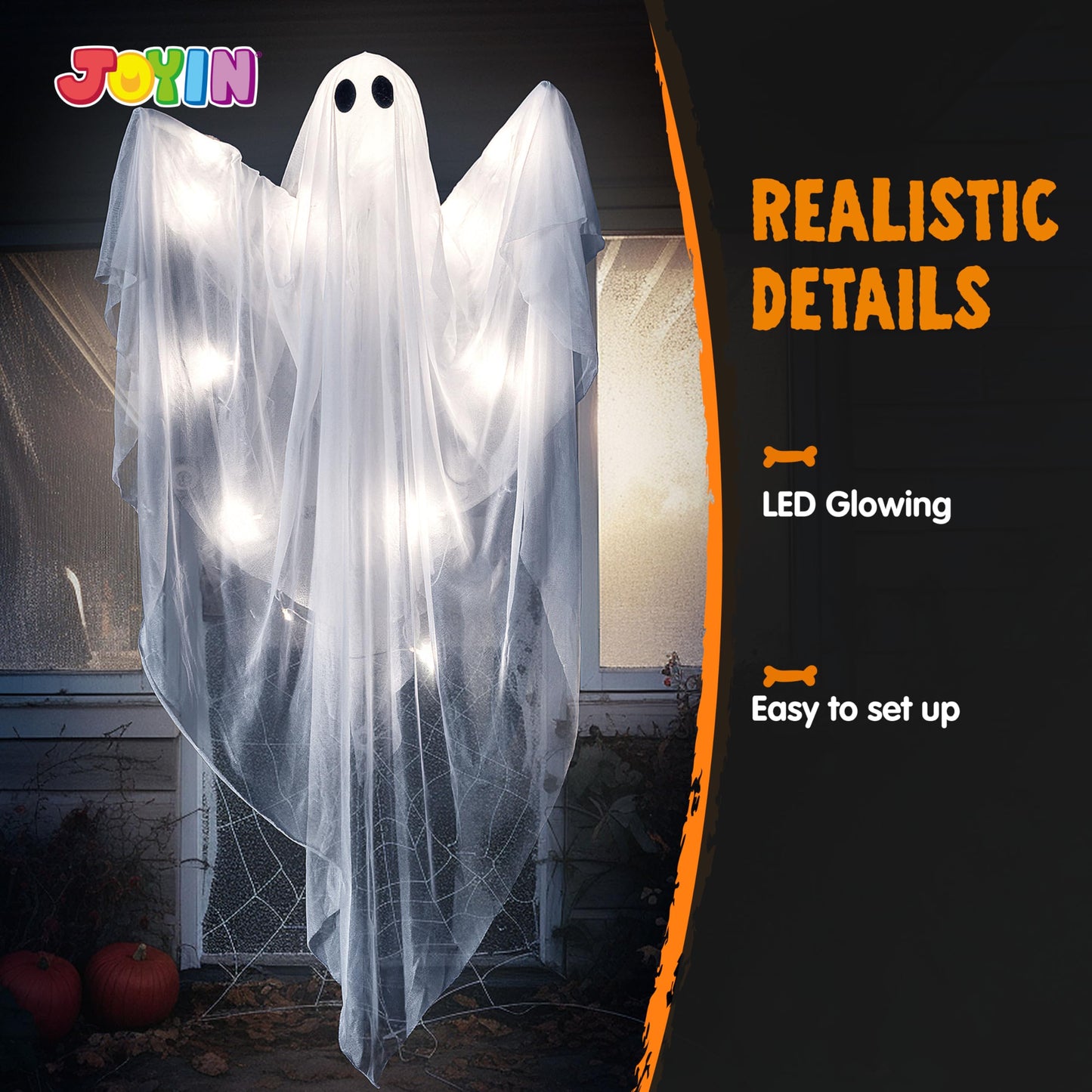 JOYIN Halloween Hanging Light up Ghost with Spooky White LED Light, 47” Halloween Hanging Ghost Decoration for Front Yard Patio Lawn Garden Party Decor Indoor Outdoor