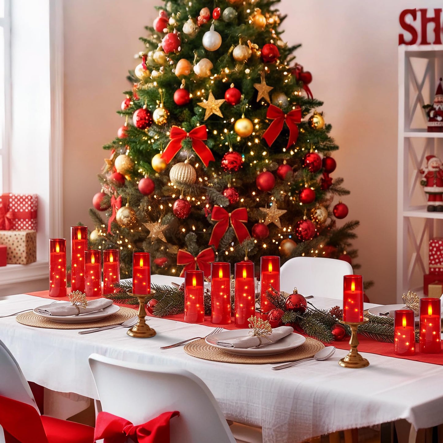 Flameless Candle with Remote Timer – 9 Flickering Acrylic Battery Operated LED Pillar Candles with Embedded Star String for Valentine's Day, Home Decor, and as a Gift (Red)
