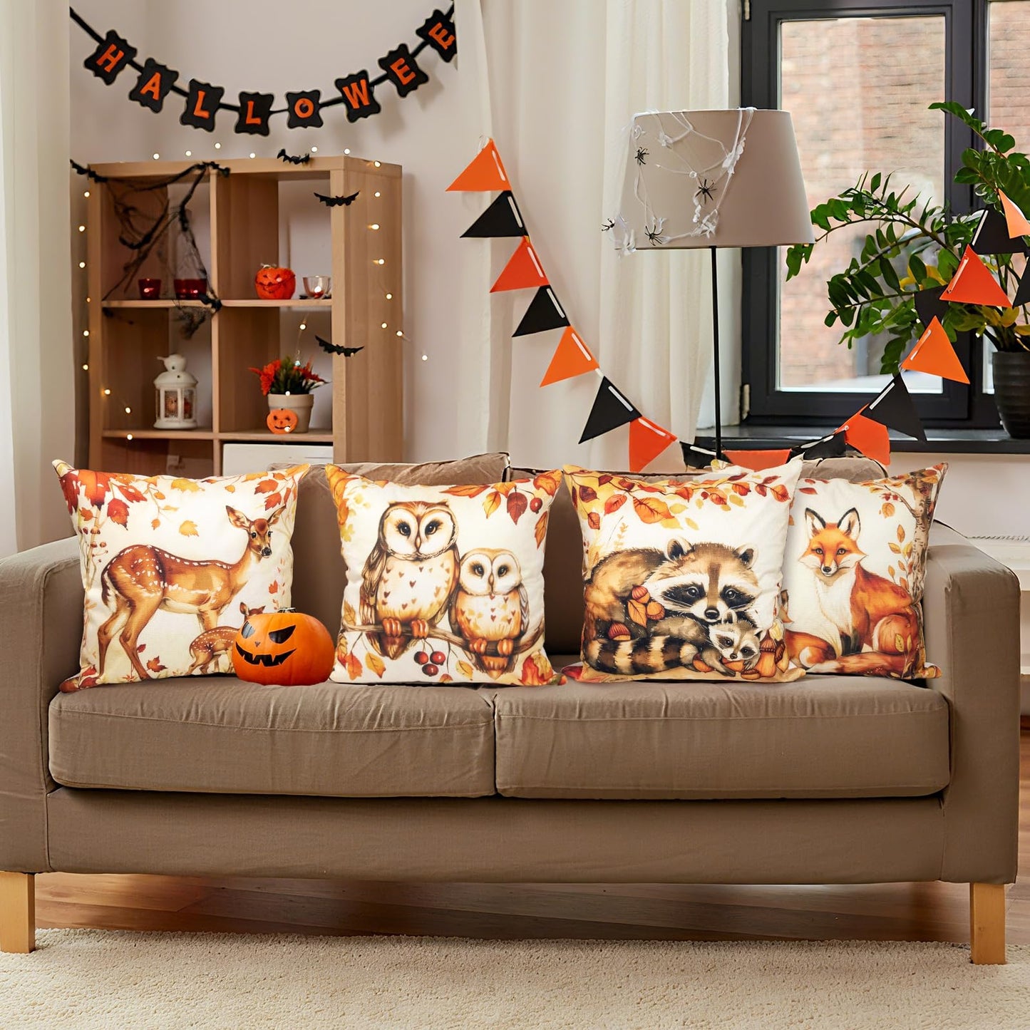Animal Family Theme Fall Pillow Covers 18x18 Inch Set of 4, Burnt Orange Rust Decorative Autumn Thanksgiving Harvest Home Decor for Sofa Couch Living Room