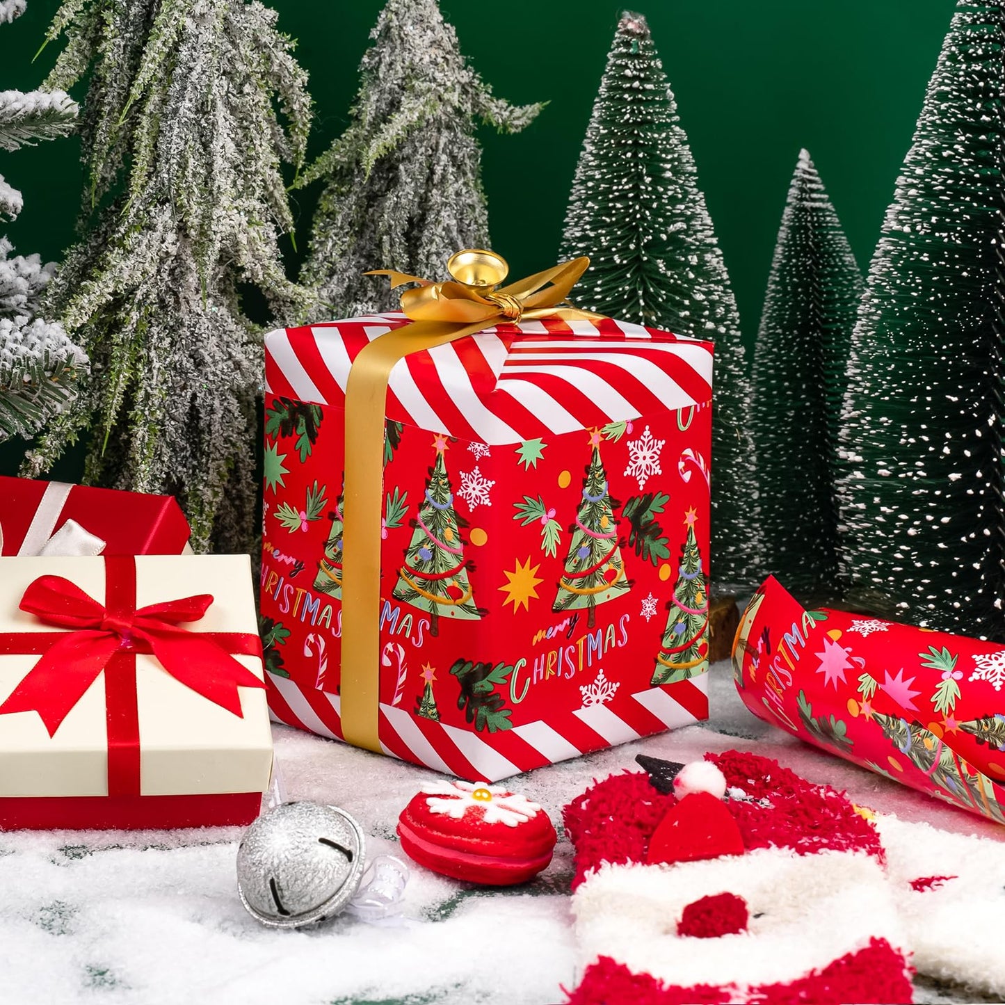 Reversible Christmas Wrapping Paper - Mini Roll - 17 Inch x 33 Feet - Red Christmas Tree Wrapping Paper and Stripe Design for Holiday, Party Celebration