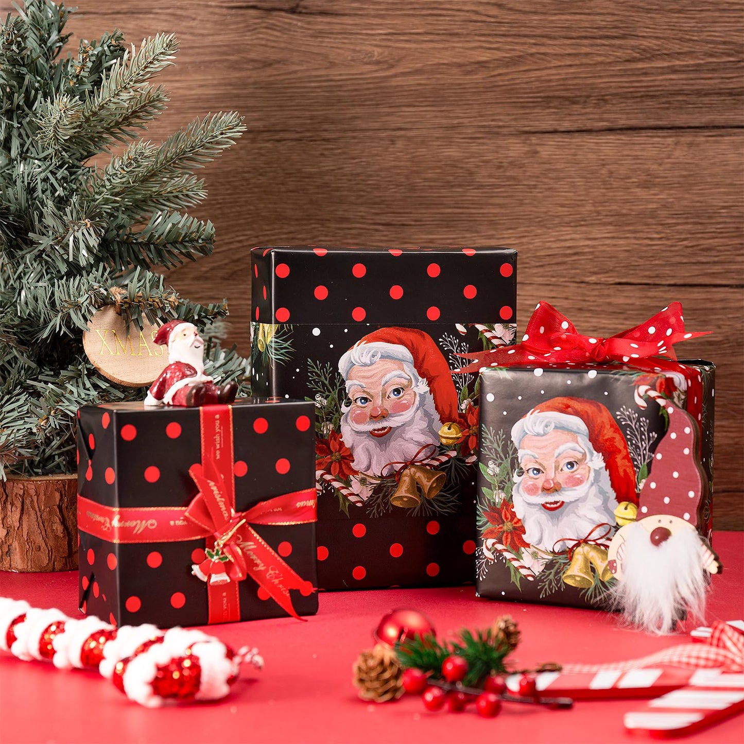 Christmas Reversible Wrapping Paper Roll for Women Men, Mini Roll, Vintage Santa Claus and Red Polka Dot Design, Black Gift Wrap for Christmas Party, Holiday Gifts, 17 Inches x 32.8 Feet