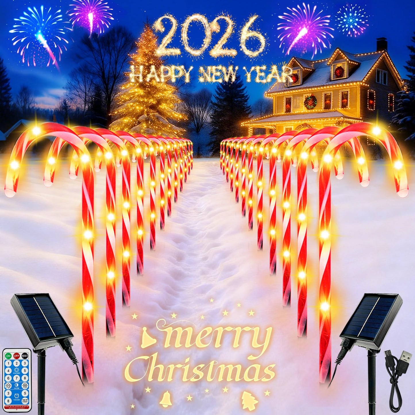 Upgraded 24 Pack Candy Cane Solar Christmas Lights Waterproof, Rechargeable Pathway Lights with Remote, Solar Powered & USB Charging Christmas Decorations Outdoor for Garden Lawn Yard Party