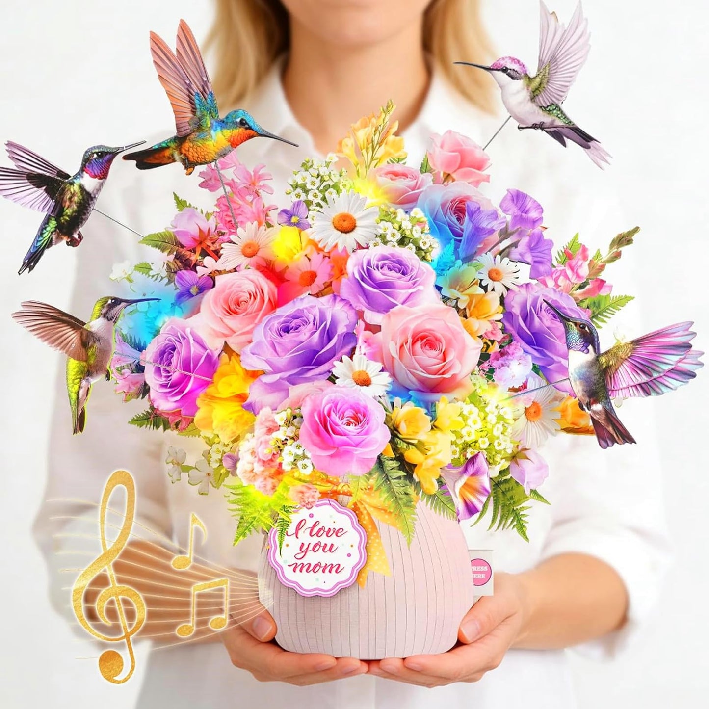 MZD8391 Mothers Day Card with Music & Lights, 3D Pop Up Mothers Day Gift, Hummingbird, 10 Inch Life Sized Forever Flower Bouquet Birthday Card For Mom, Women, Wife