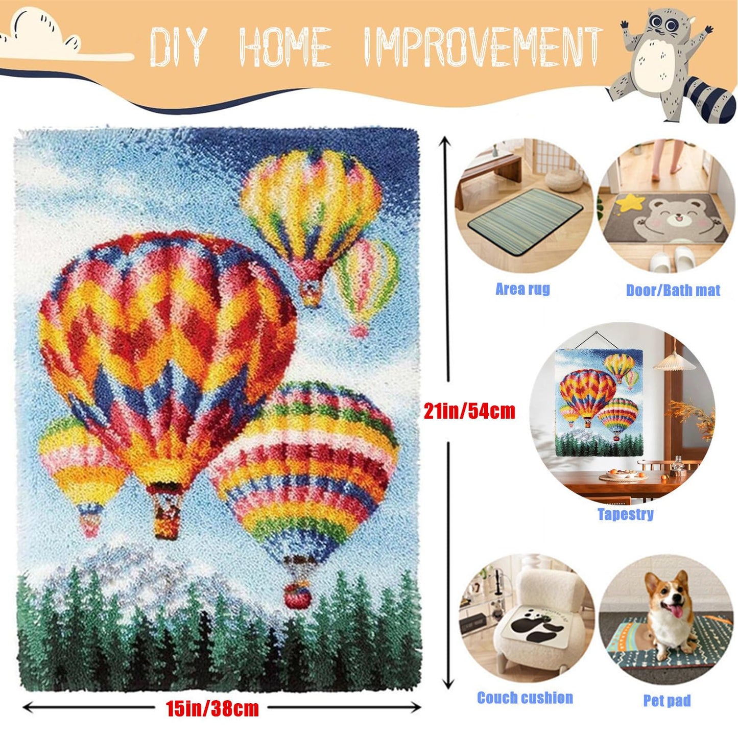 Latch Hook Kits for Adults - DIY Latch Hook Rug Kits for Kids, Crochet Kit for Beginners, Rug Making Kits with Printed Canvas, Gift Packaging.(Colorful Hot Air Balloons, 20x15)