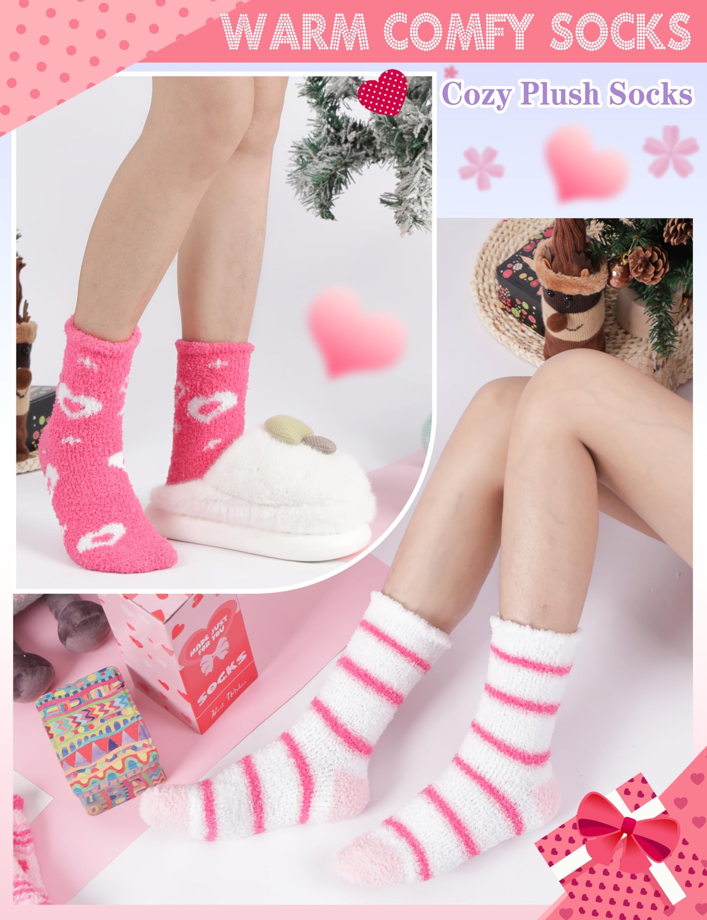 Fuzzy Socks for Women Galentines Day Gifts Fluffy Thick Warm Winter Soft Cozy Plush Fleece Sleep Home Cabin House Pink Heart Stocking Stuffers 5 Pairs(Pink Heart,M)