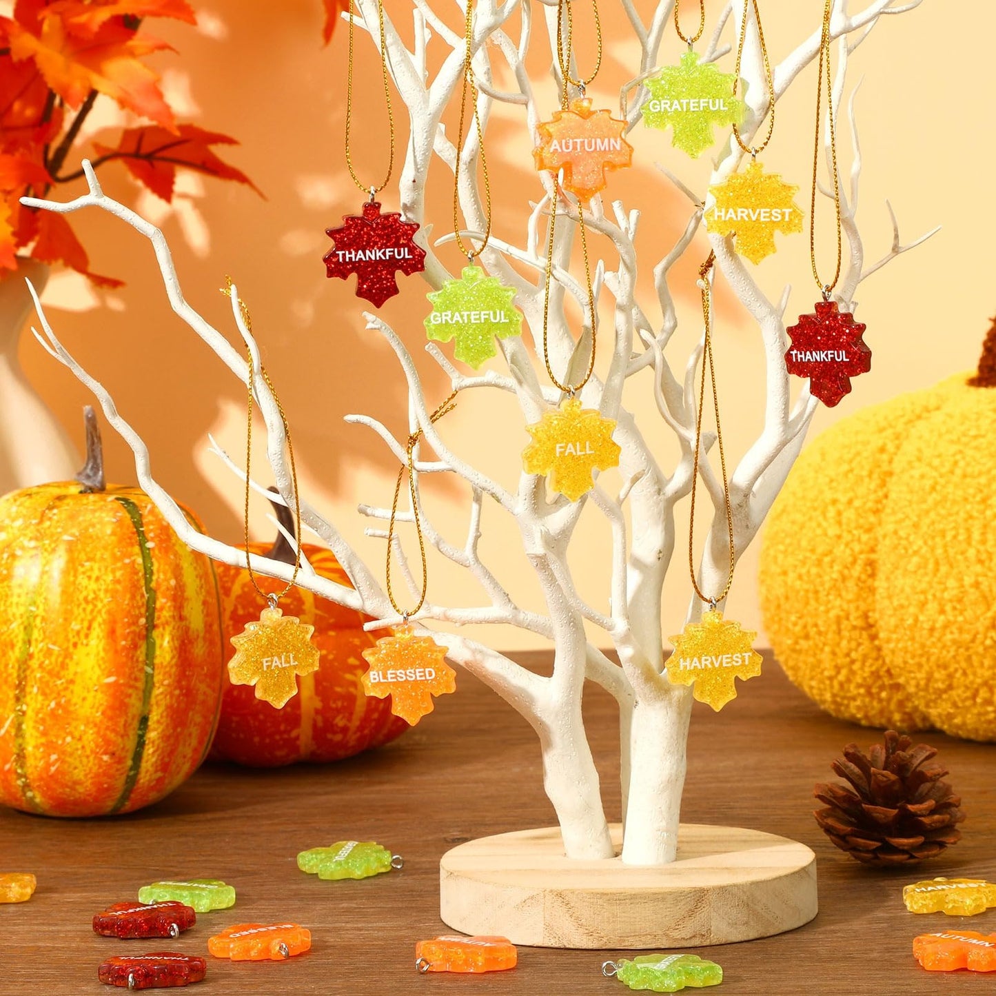 48Pcs Glitter Fall Maple Leaf Ornaments Resin Thanksgiving Hanging Ornaments for Small Tree Autumn Harvest Hanging Pendants Charms with String for Party Favors Home Table Wall Decor