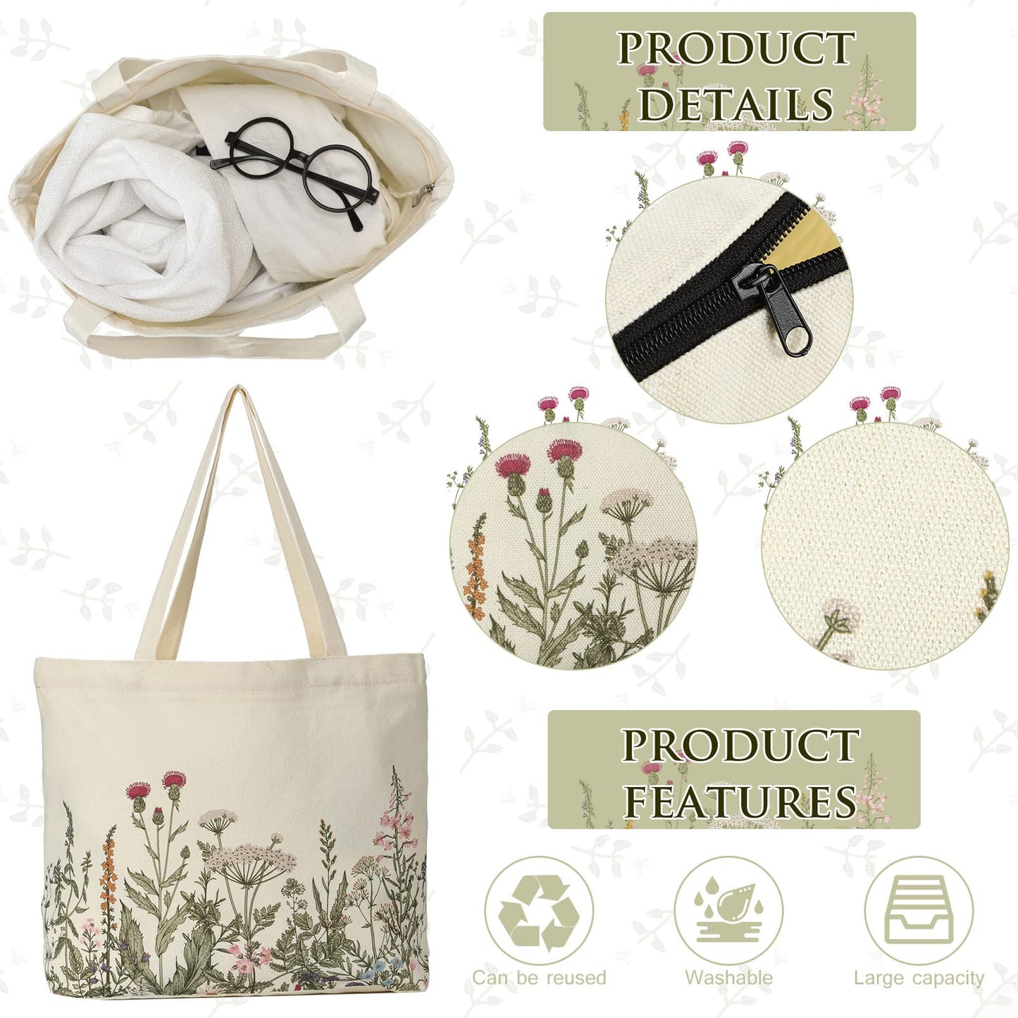 Sadnyy 2 Pcs Wildflower Aesthetic Canvas Tote Bags for Women with Makeup Zipper Pouch Mother's Day Cute Floral Reusable Shoulder Tote Bag for Graduation Teacher Beach Shopping Travel Work Gym Grocery