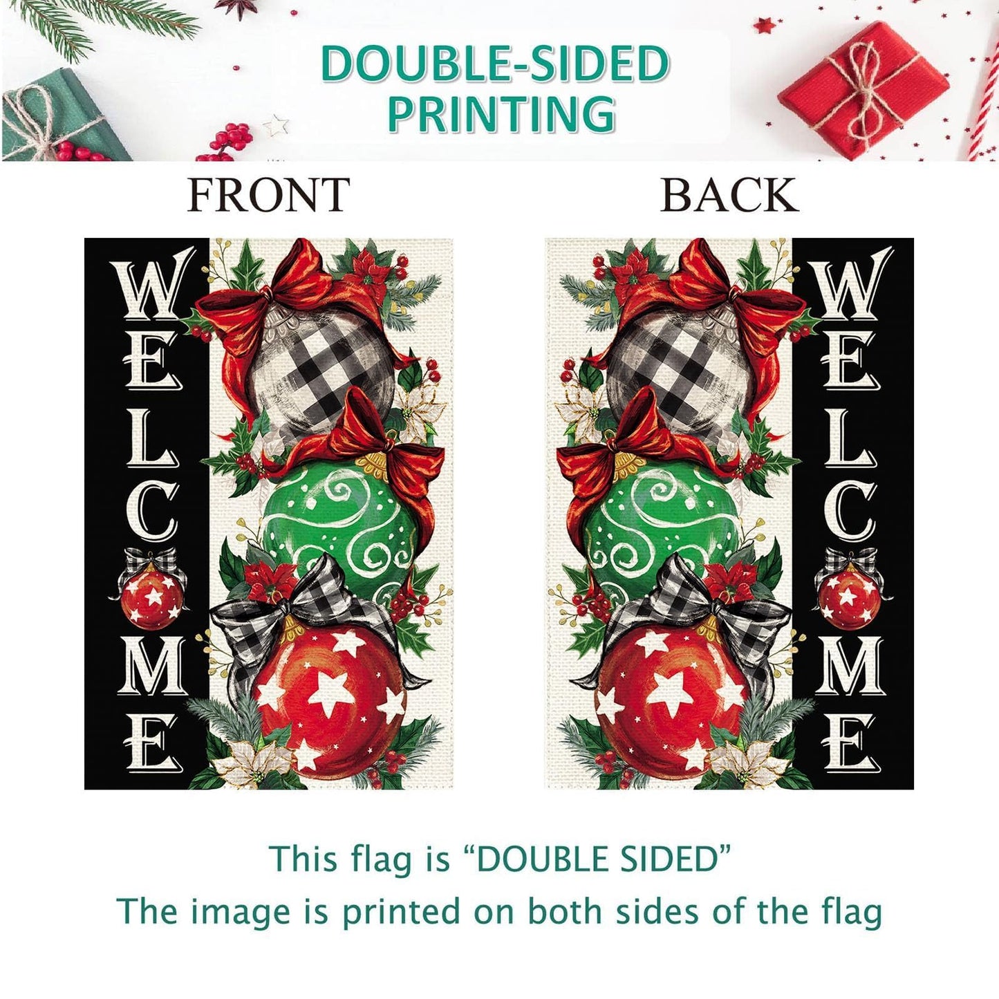 Baccessor Christmas Garden Flag 12.5 x 18 Inch Double Sided Burlap Winter Red Xmas Ball Ornament Small Yard Flag Winter Holiday Seasonal Outdoor Outside Decoration