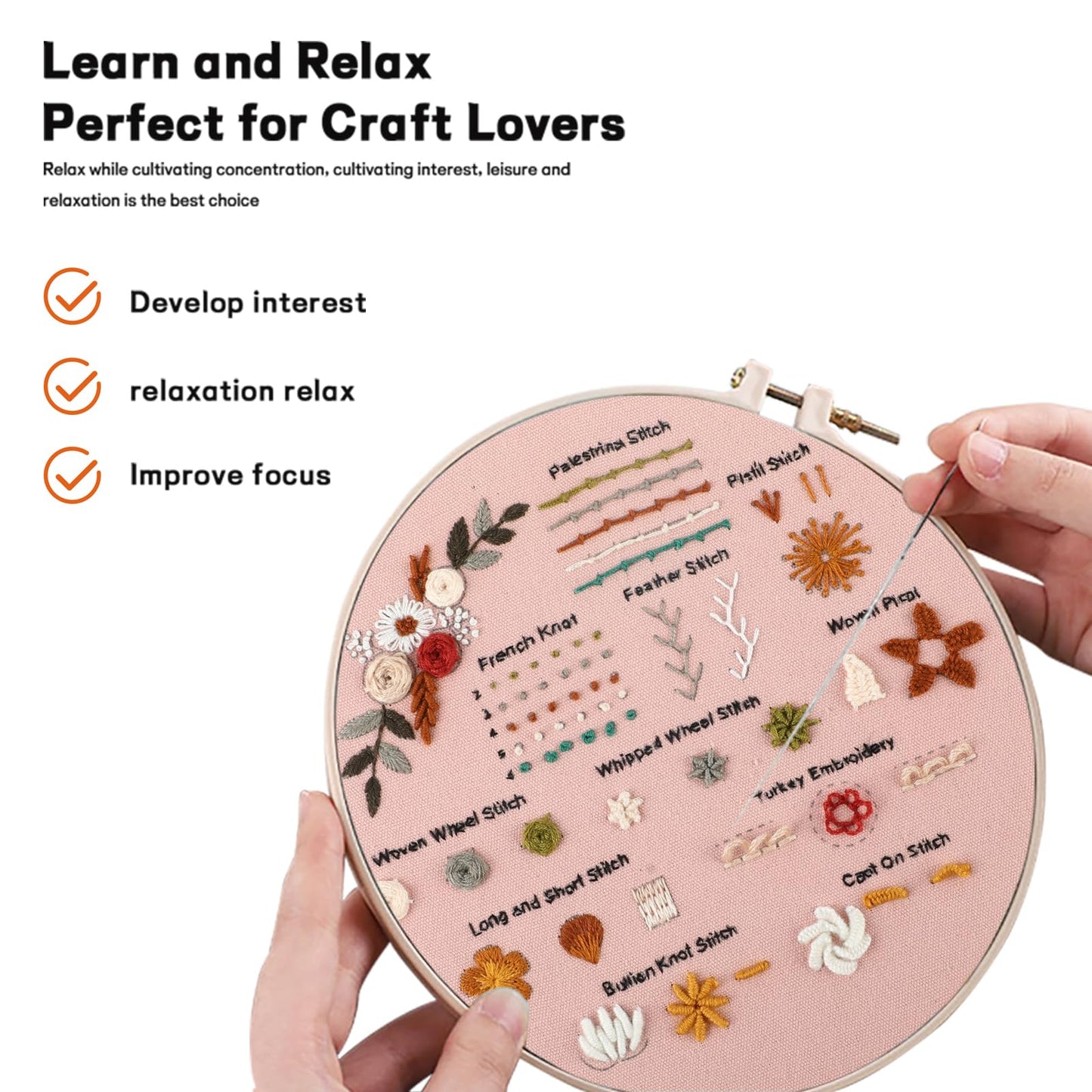 Beginner Embroidery Kit for Adults, 3 Pack Cross Stitch Kits with Pre-Printed Patterns, Threads, Needles, Learn Stitches with 7.8" Hoop, Video Tutorial, DIY Needlework Craft Gift for Women