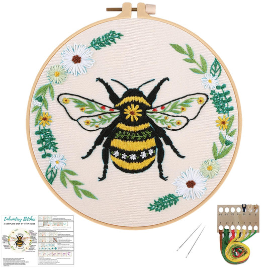 Louise Maelys Bees Embroidery Kits for Beginners, DIY Cross Stitch Starter Craft Kit for Adults Including Cloth with Pattern, Hoop, Needles Instruction and Threads