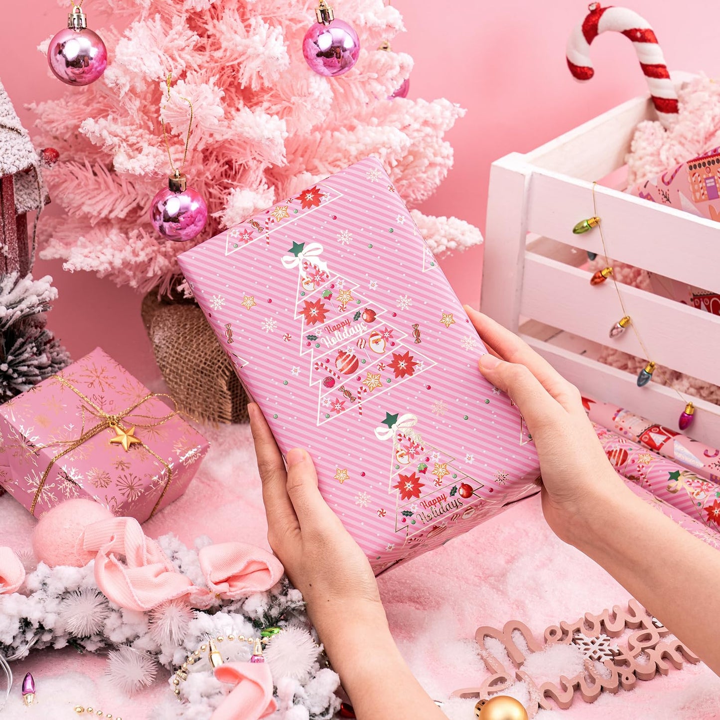 Christmas Wrapping Paper Roll - Mini Roll - 3 Rolls - 17 Inch X 120 Inch Per Roll - Pink Christmas tree, House, Snowflake Holiday Collection