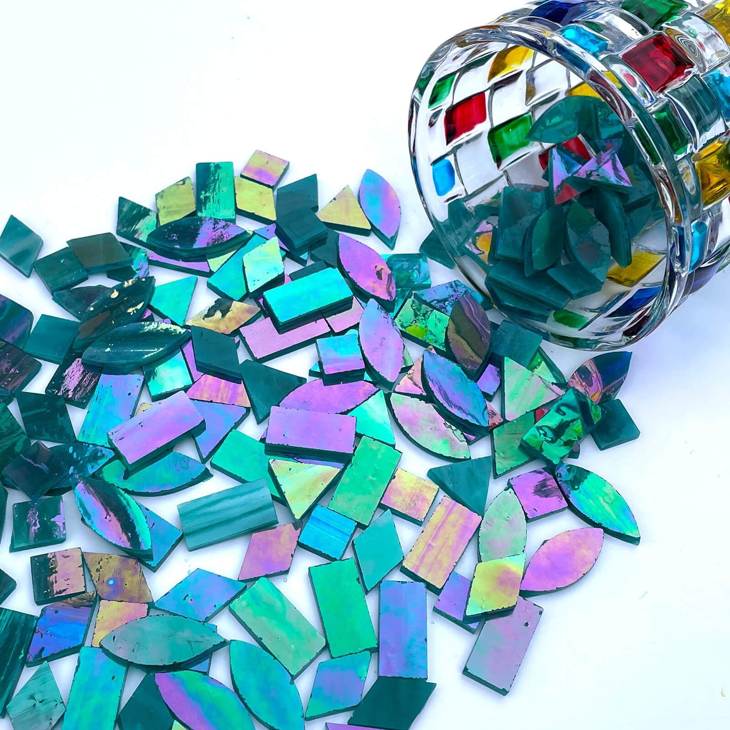LITMIND Turquoise Iridescent Stained Glass Mosaic Tiles for Crafts - 240 Pieces, 5 Shapes Mixed (Rectangle, Triangle, Rhombus, Square, Leaf) - Ideal for Mosaic Making Projects and Beginners