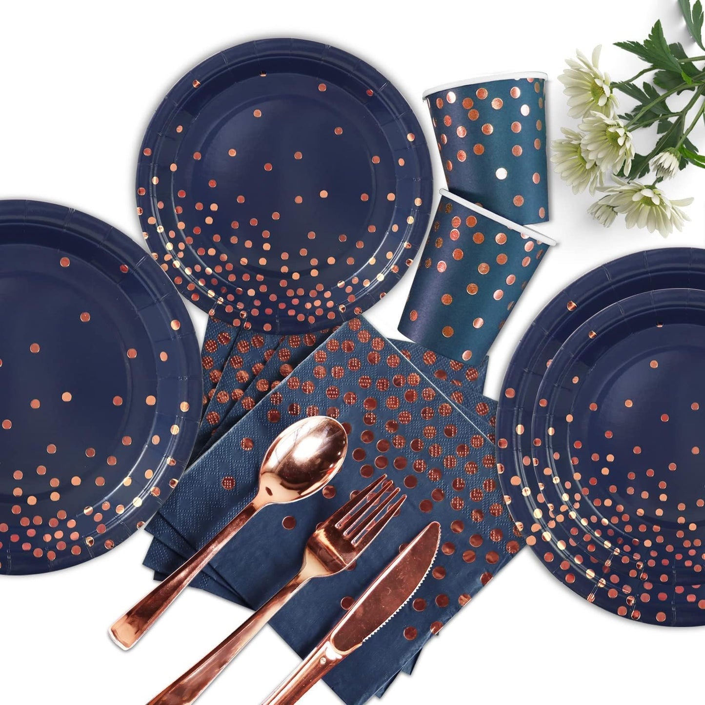 Rose Gold Party Decorations Serve 25, Blue Party Plates and Napkins Sets 175Pcs, Pink and Blue Birthday Plates, Navy Blue Plates for Wedding Briade Party Supplies