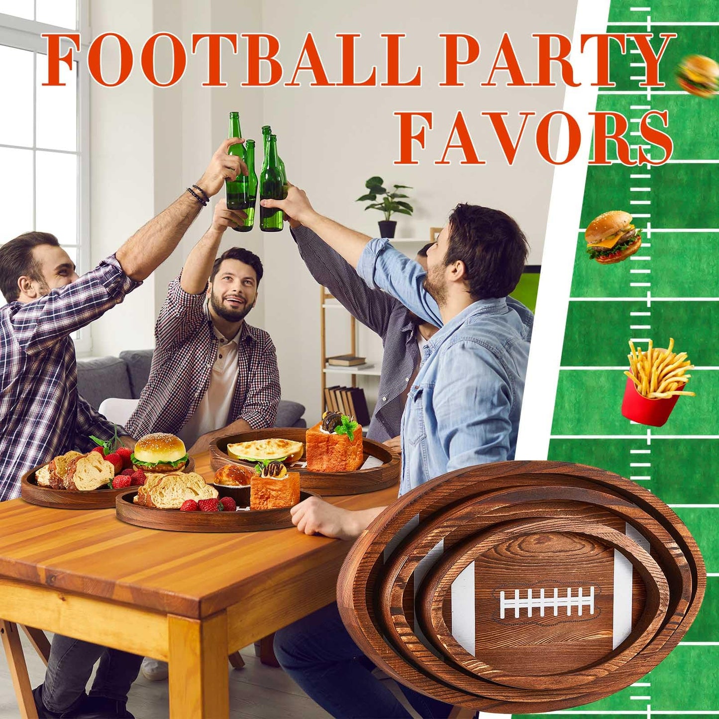 3 Pcs Football Serving Trays and Platters Wooden Shaped Football Plates Soccer Serveware Tailgate Party Serving Platter for Game Party Decorations, 13'', 11'', 8.7''