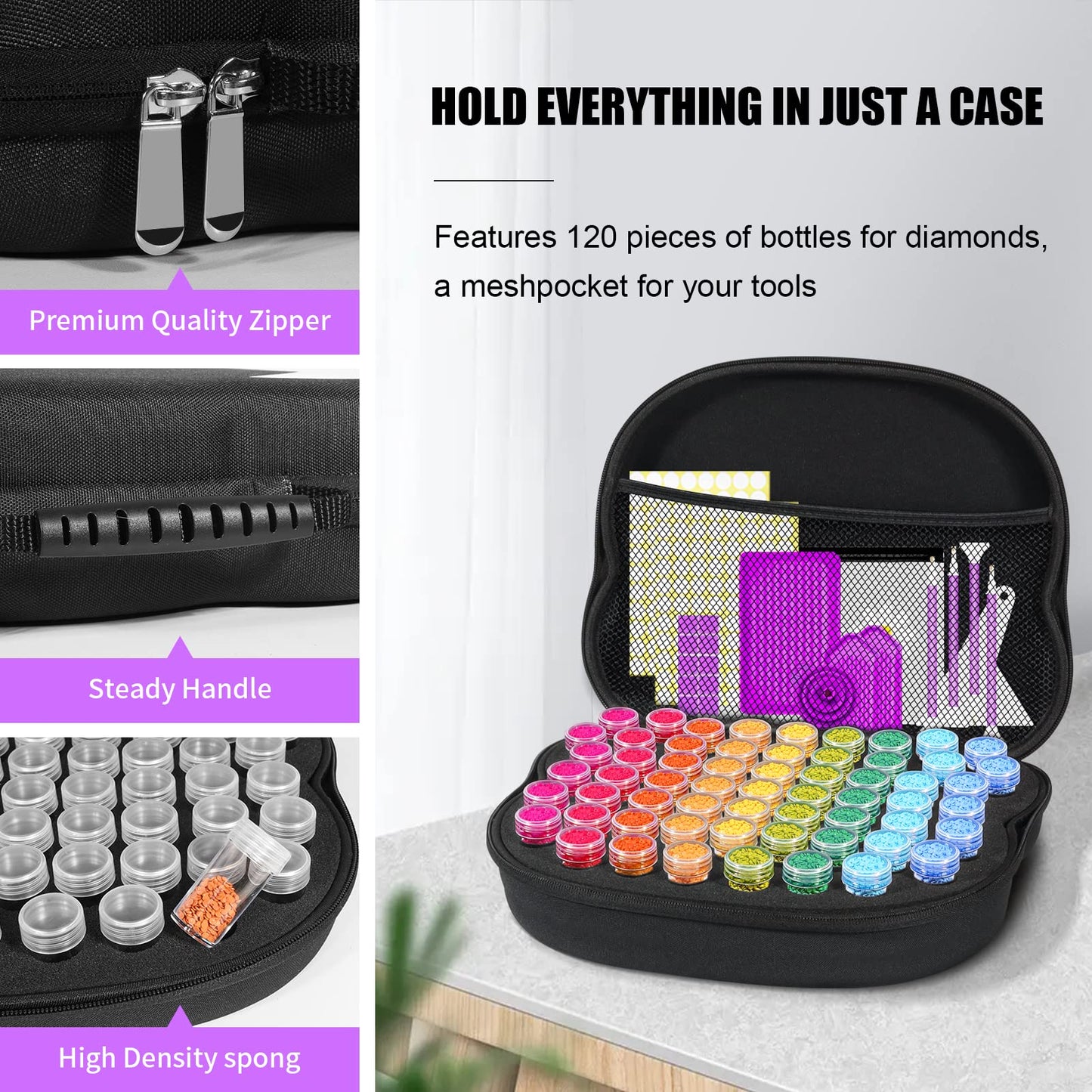 Diamond Painting Storage Containers,120 Slots Diamond Art Accessories, 5D Diamond Painting Kits with Tools for Jewelry Bead Rhinestones Organizer (120-Black)